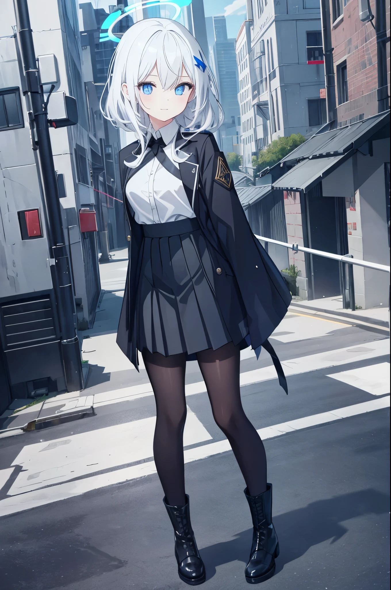 Front view，full body image，stand，a girl，Standing in an alley in the city，slim body，female face，smiling expression，long white hair，blue eyes，There are highlights in the eyes，hands behind back，female hands，white little hands，human finger，wearing black gloves，There is a blue halo on the head，The halo on the head is blue，Polyhedral pattern in halo，Small breasts，wearing white shirt，Wearing a pleated skirt，black pantyhose，Wearing black high boots，masterpiece，Exquisite and delicate的二次元精美画风，Exquisite and delicate，8K high quality，CG wallpaper，HD，solo，tomorrow ark风格，tomorrow ark，Front view，full body image，stand，female hands，white little hands，human finger，hands behind back，black pantyhose，wearing black gloves，hands behind back的stand姿势，Specific number of fingers，wearing white shirt，Wearing a pleated skirt，black pantyhose，Wearing black high boots，hands behind back的stand姿势，hands behind back的stand姿势，hands behind back的stand姿势