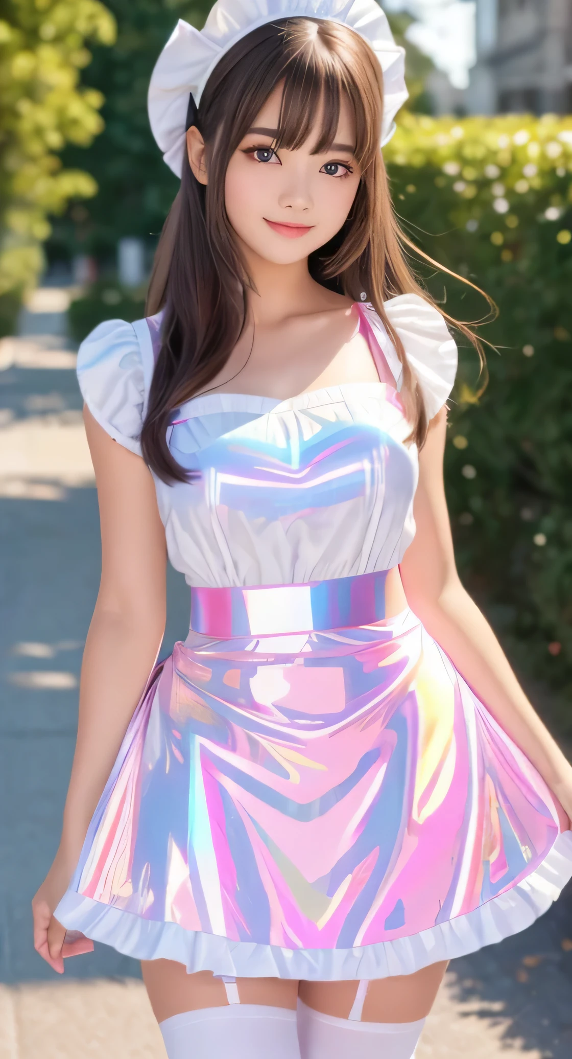 Top Quality, Masterpiece, Ultra High Resolution, (Photorealistic: 1.4), Raw Photos, Film Grain, 1mature Female, Detailed Eyes and Face, Smile, Holographic Dress with Ruffles, Dress Fluttering in the Wind, Lace Panties, Dynamic Lighting, Deep Shadows, Shot From Thigh to Top