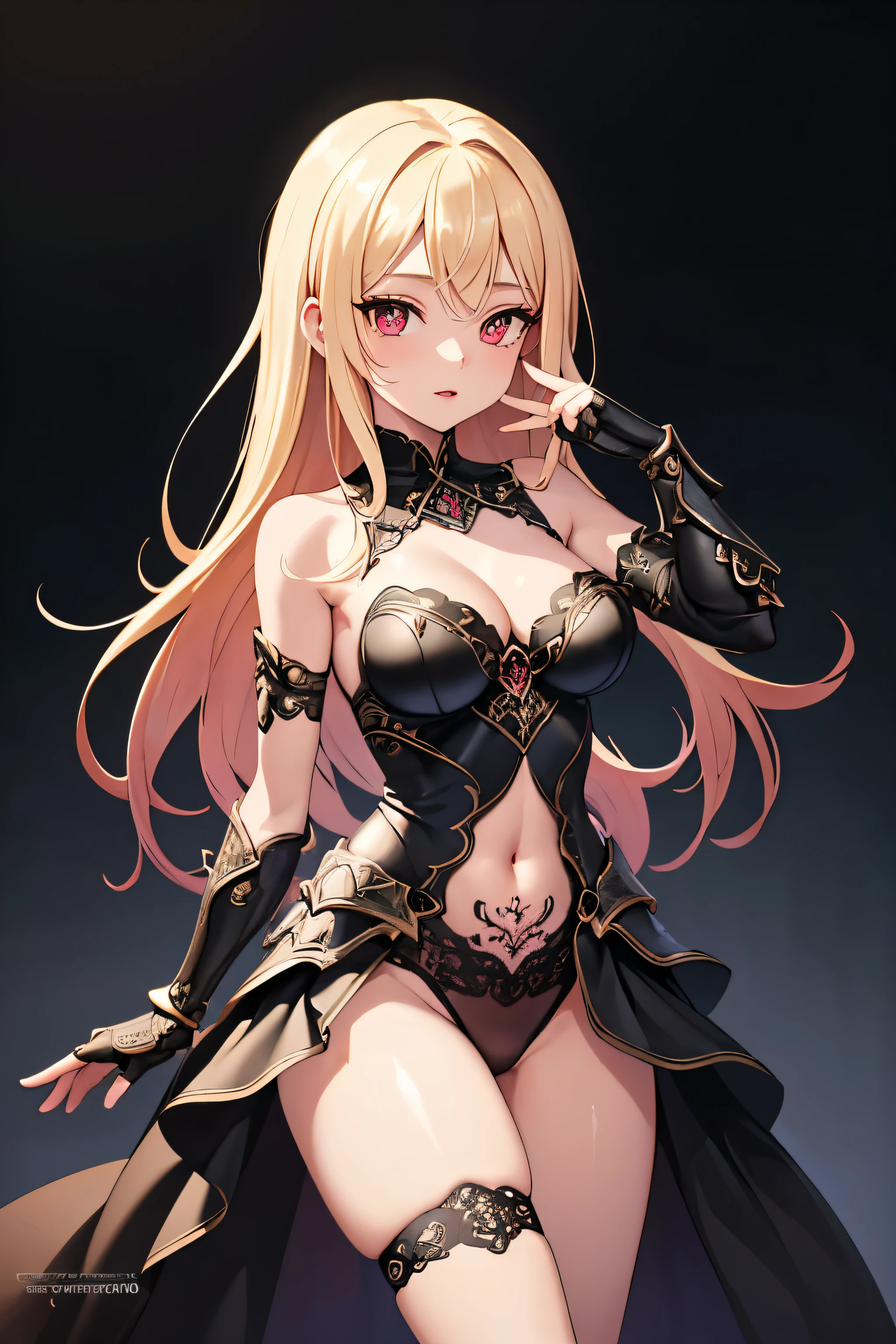 1girl, anime, cute girl, blank background, white background, fantasy, detailed fantasy dress with highlights, beautiful face, beautiful eyes, dark colors, black hair with multicolor streaks, red eye with different color pupil in eye, multicolor eye, medium small breasts (slightly big), slight cleavage, beautiful skin, cute, breast curtains, extremely delicate and beautiful, (beautiful detailed face:1.0), (detailed deep eyes), symmetrical breasts, deep eyes, shiny skin, portrait, slender waist, hips wider than shoulders, thighs, expressionless, young girl, luminous eyes, adorable，（Kpop idol）,（aegyo sal：1），（Platinum blonde hair：1），（（puffy eye）），Black panty，sexy posture，Superskirt, ultra high resolution，Black collar，slim figure, Abdominal y tattoo, womb tattoo，Tight-fitting leg ring，y tattoo on half-body，Bare skin, Armored hand，Hidden fingertips，Hand covered，Arm covered，Fist covered,{{beautiful detailed fingers}}, tufts of hair, moderate beautiful breast:1.0,(masterpiece:1.2), best quality, high-res, HDR, perfect face, intricate armor, delicate blue filigree, intricate filigree, red metalic parts, detailed part, dynamic pose, dynamic lights,