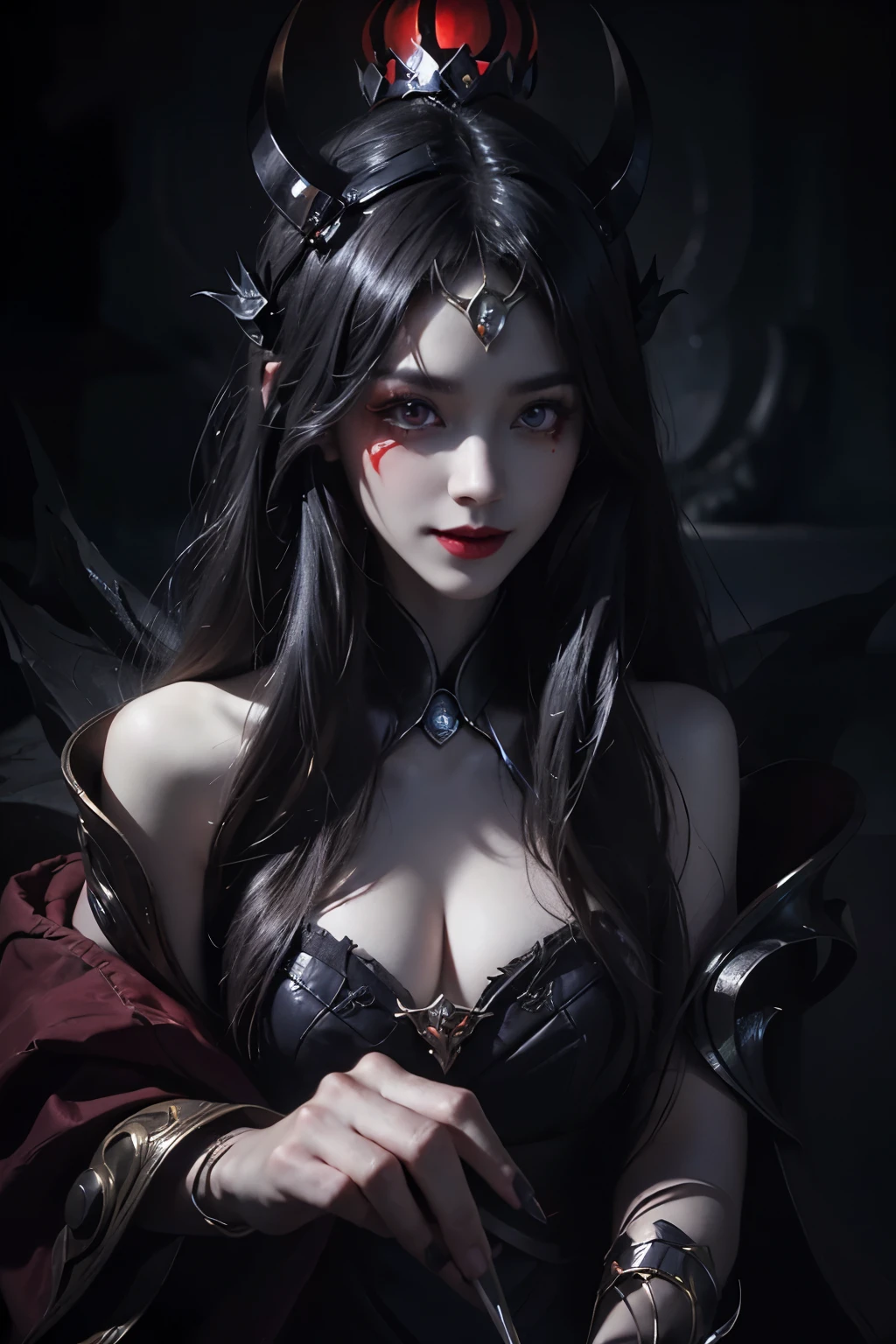 Beautiful devil woman from hell, (in the darkness: 1.6), Surreal female portrait by David Hockney and Alphonse Mucha, fantasy art, korean doll, photorealism, dynamic lighting, art station, poster, Volumetric lighting, The facial details are very rich, 8k, in the darkness, deep shadow, low pitch, (knee shot), long hair, black hair, luxurious palace, royal style, Demon Crown, Red eye makeup is very sharp and detailed, the most beautiful face, normal breast, Surreal, charming smile, Eye makeup is very good, Gurwitz, devil style, red and black lips, Devil tattoo on shoulder, The weather is gloomy and thunderous, (portrait), Protagonist close-up, (Background details 1.8),
