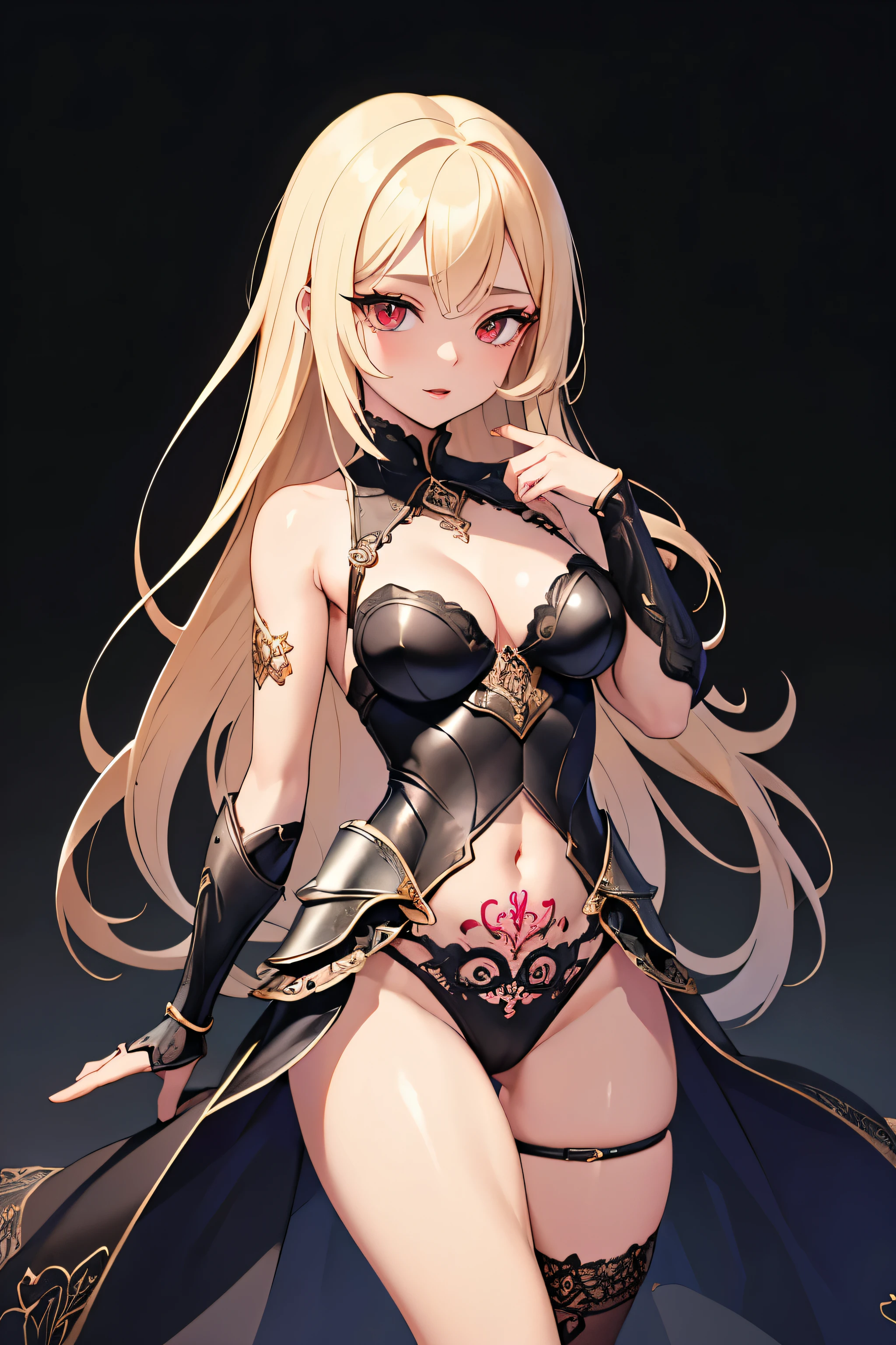 1girl, anime, cute girl, blank background, white background, fantasy, detailed fantasy dress with highlights, beautiful face, beautiful eyes, dark colors, black hair with multicolor streaks, red eye with different color pupil in eye, multicolor eye, medium small breasts (slightly big), slight cleavage, beautiful skin, cute, breast curtains, extremely delicate and beautiful, (beautiful detailed face:1.0), (detailed deep eyes), symmetrical breasts, deep eyes, shiny skin, portrait, slender waist, hips wider than shoulders, thighs, expressionless, young girl, luminous eyes, adorable，（Kpop idol）,（aegyo sal：1），（Platinum blonde hair：1），（（puffy eye）），Black panty，sexy posture，Superskirt, ultra high resolution，Black collar，slim figure, Abdominal y tattoo, womb tattoo，Tight-fitting leg ring，y tattoo on half-body，Bare skin, Armored hand，Hidden fingertips，Hand covered，Arm covered，Fist covered,{{beautiful detailed fingers}}, tufts of hair, moderate beautiful breast:1.0,(masterpiece:1.2), best quality, high-res, HDR, perfect face, intricate armor, delicate blue filigree, intricate filigree, red metalic parts, detailed part, dynamic pose, dynamic lights,