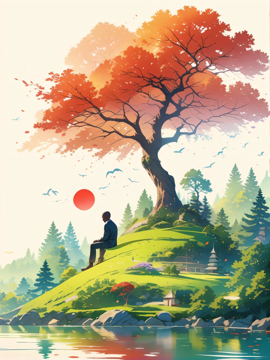 minimalist composition red sun,black man sitting on it,Mirror reflection of trees and water,Surrealism,clean background,high resolution photography,dream scene,minimalist sculpture art installation