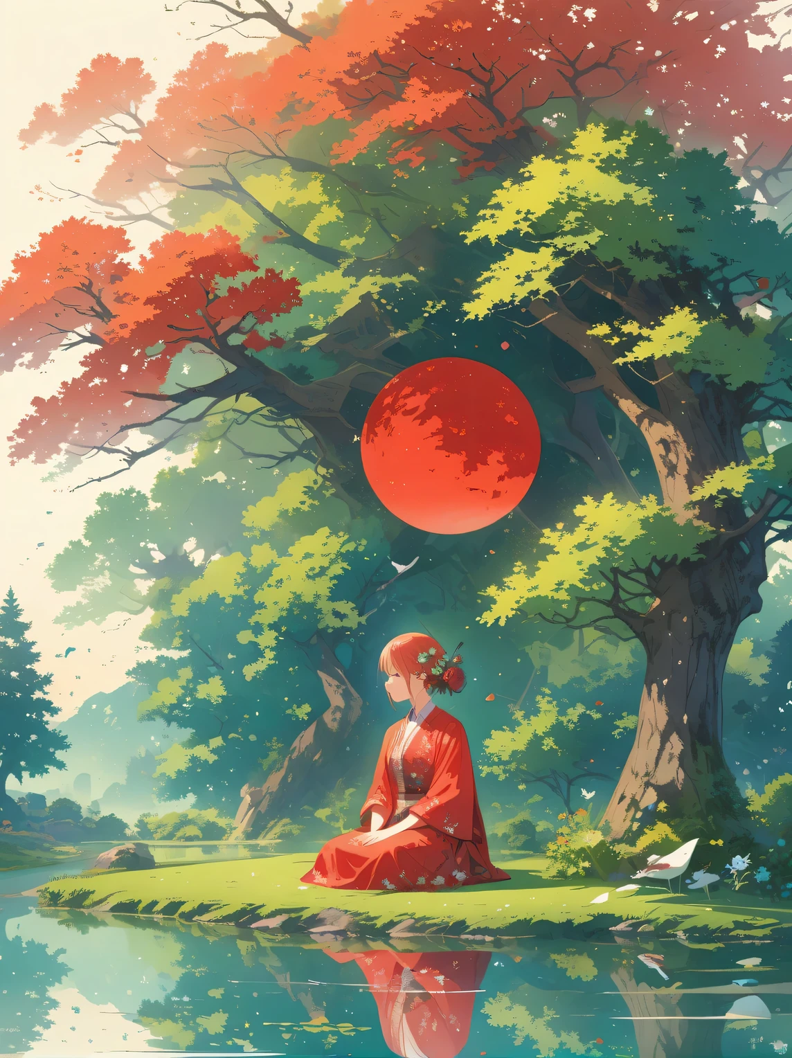 minimalist composition red sun,black man sitting on it,Mirror reflection of trees and water,Surrealism,clean background,high resolution photography,dream scene,minimalist sculpture art installation