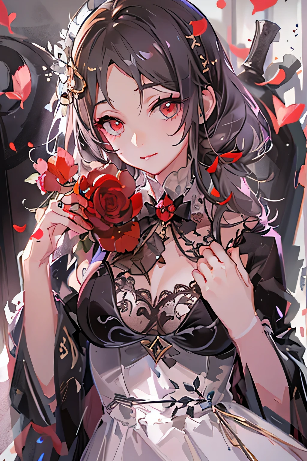 Chica anime con cabello largo y negro y un vestido blanco con rosas rojas., guweiz, guweiz en pixiv artstation, arte de anime digital detallado, hermosa chica anime, Guweiz en ArtStation Pixiv, estilo anime 4k, tipo, hermoso retrato animado, retrato detallado de chica anime, Hermosa mujer anime, arte de anime detallado
