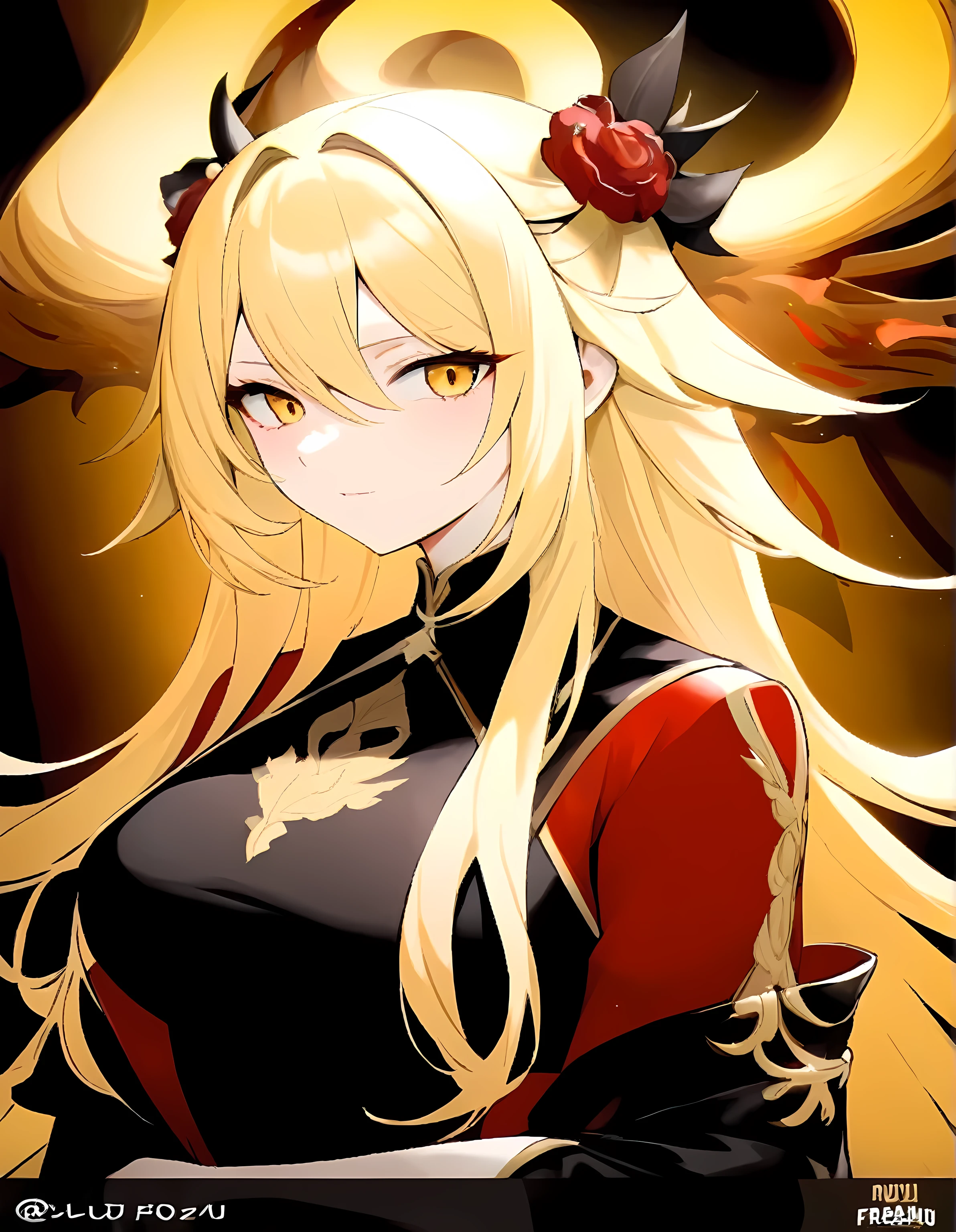 Anime Frau with long blonde hair and red and black outfit, blonde Anime Frau with long hair, Mika Kurai Demon, demon Anime Frau, Onmyoji Portrait, Ryuu, the dragon girl portrait, Anime goddess, Anime-Stil wie Schicksal/Stay overnight, (Anime Frau), Ayaka Genshin Impact, portrait of a female anime hero, Anime Frau with long hair