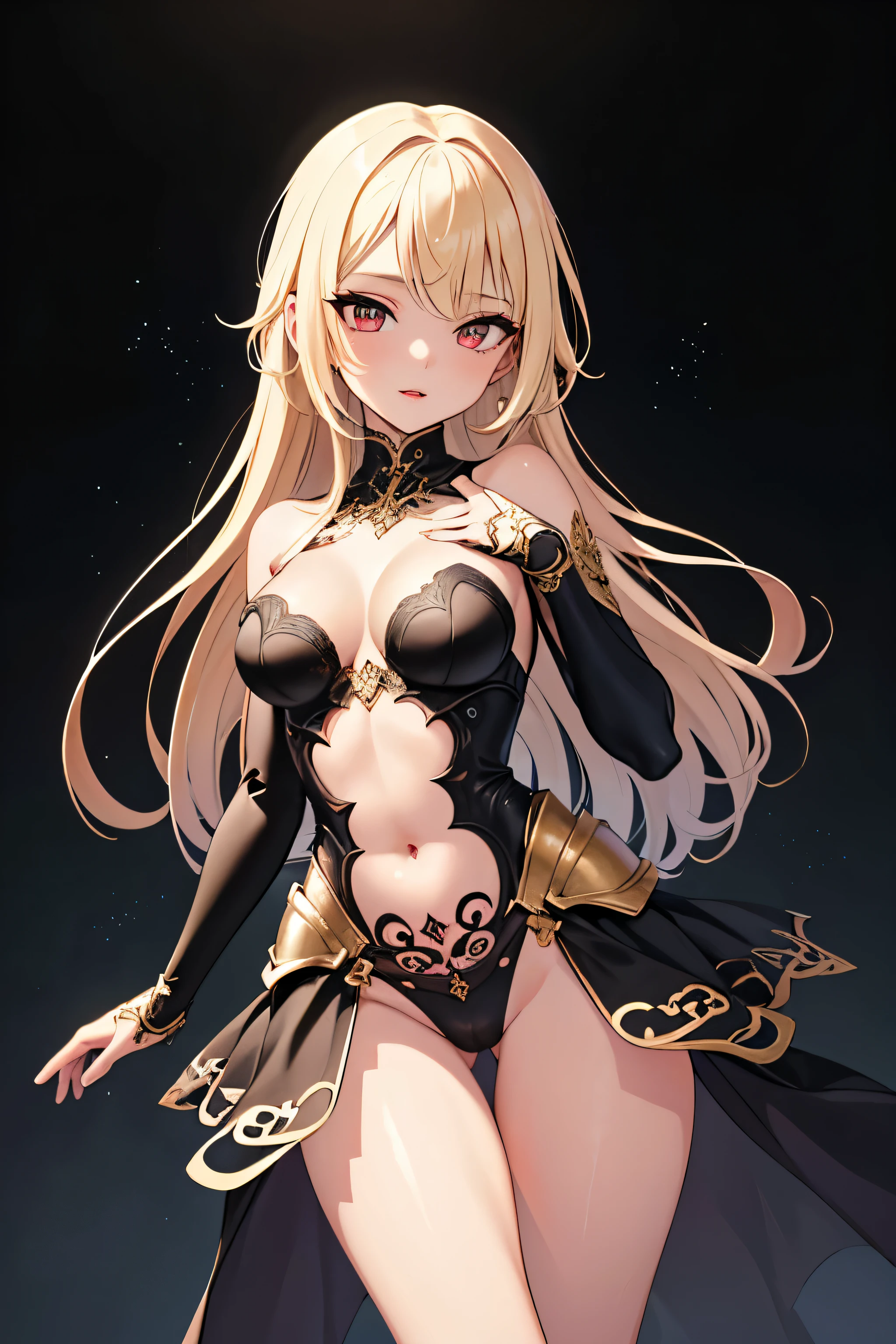 1girl, anime, cute girl, blank background, white background, fantasy, detailed fantasy dress with highlights, beautiful face, beautiful eyes, dark colors, black hair with multicolor streaks, red eye with different color pupil in eye, multicolor eye, medium small breasts (slightly big), slight cleavage, beautiful skin, cute, breast curtains, extremely delicate and beautiful, (beautiful detailed face:1.0), (detailed deep eyes), symmetrical breasts, deep eyes, shiny skin, portrait, slender waist, hips wider than shoulders, thighs, expressionless, young girl, luminous eyes, adorable,(Kpop idol),(aegyo sal:1),(Platinum blonde hair:1),((puffy eye)),Black panty,sexy posture,Superskirt, ultra high resolution,Black collar,slim figure, Abdominal y tattoo, womb tattoo,Tight-fitting leg ring,y tattoo on half-body,Bare skin, Armored hand,Hidden fingertips,Hand covered,Arm covered,Fist covered,{{beautiful detailed fingers}}, tufts of hair, moderate beautiful breast:1.0,(masterpiece:1.2), best quality, high-res, HDR, perfect face, intricate armor, delicate blue filigree, intricate filigree, red metalic parts, detailed part, dynamic pose, dynamic lights,