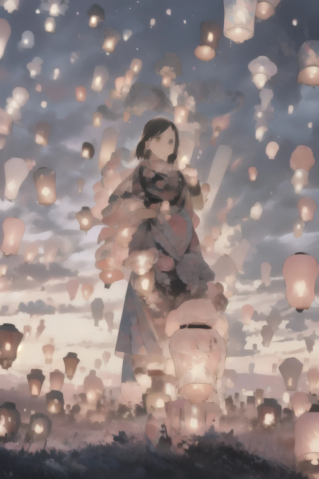 1girl,sky lantern,, (masterpiece, best quality, high quality, highres, ultra-detailed),