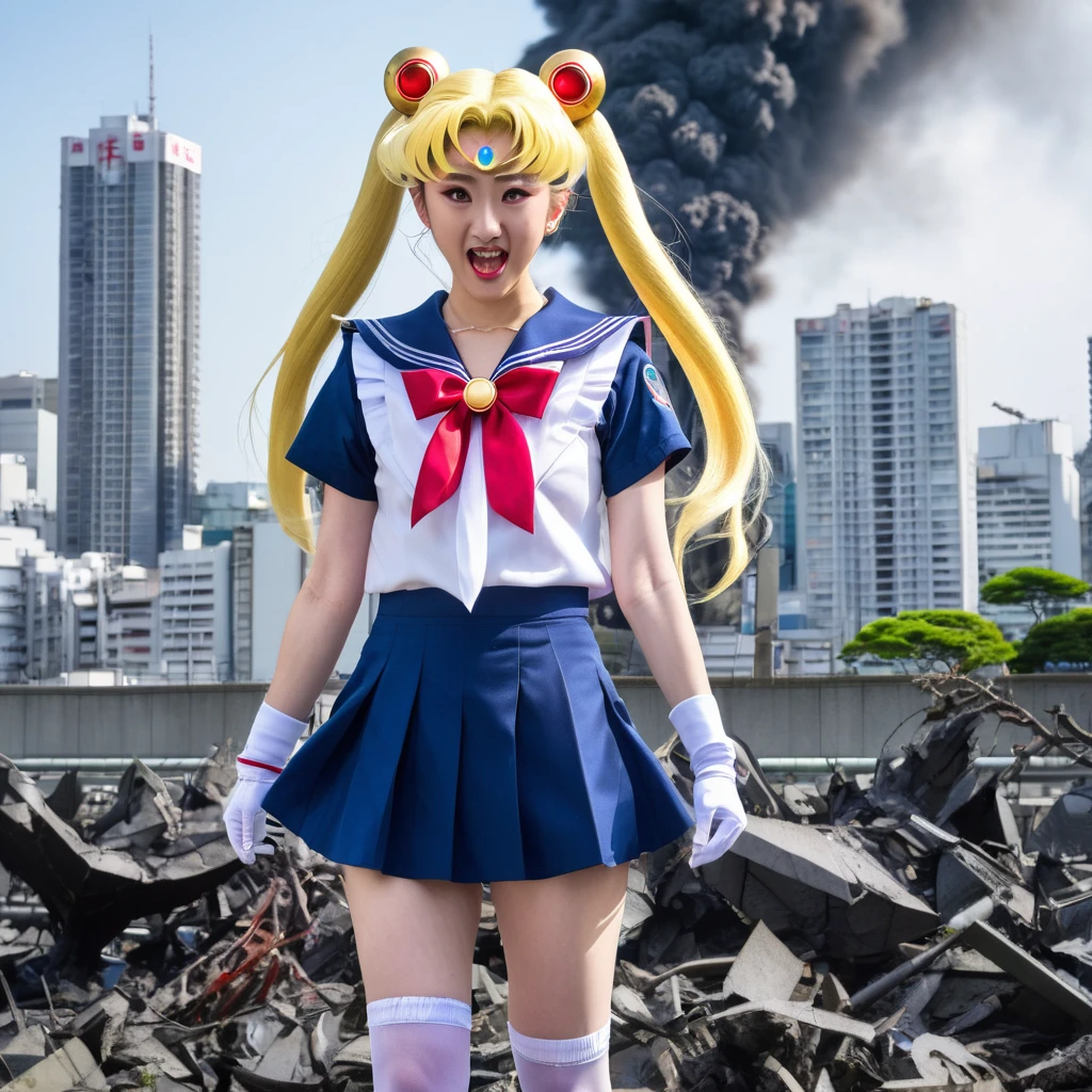 Sailor Moon (tattered uniform) screams in terror, and flees from Godzilla in a battered Tokyo