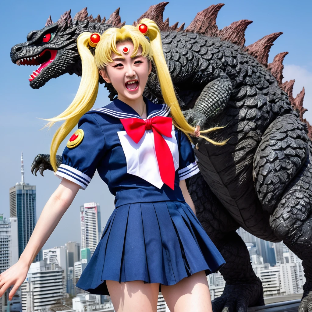 Sailor Moon (tattered uniform) screams in terror, and flees from Godzilla in a battered Tokyo