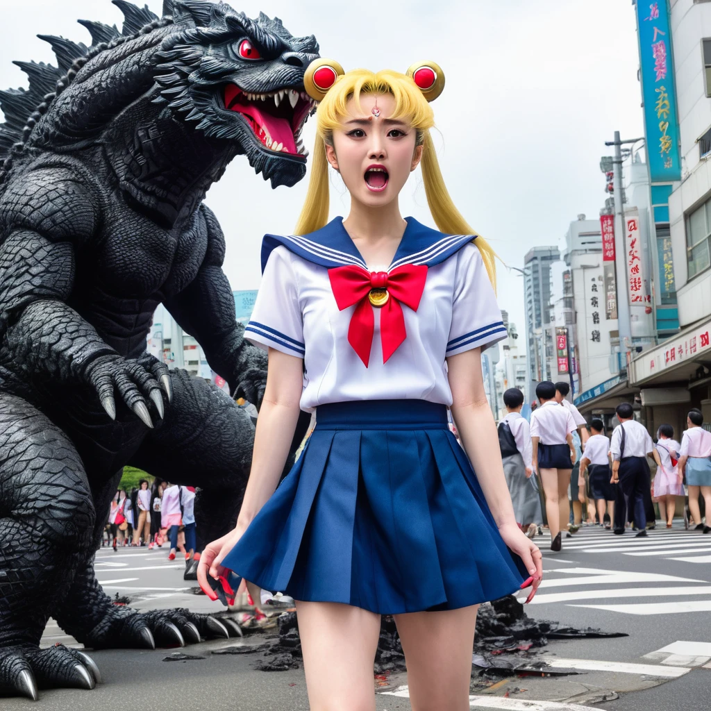 Sailor Moon (tattered uniform) screams in terror, and flees from Godzilla in a battered Tokyo