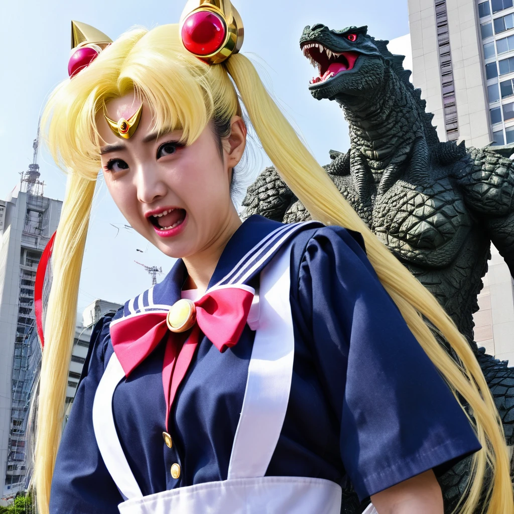 Sailor Moon (tattered uniform) screams in terror, and flees from Godzilla in a battered Tokyo