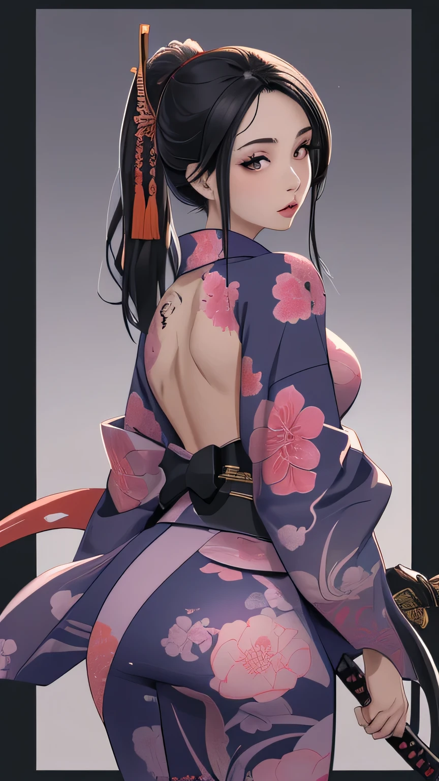 Mujer japonesa con katana, tatuajes en el cuerpo, hermosa, rostro detallado, cuerpo completo, kimono, mini falda, pechos grandes, nalgas grandes
