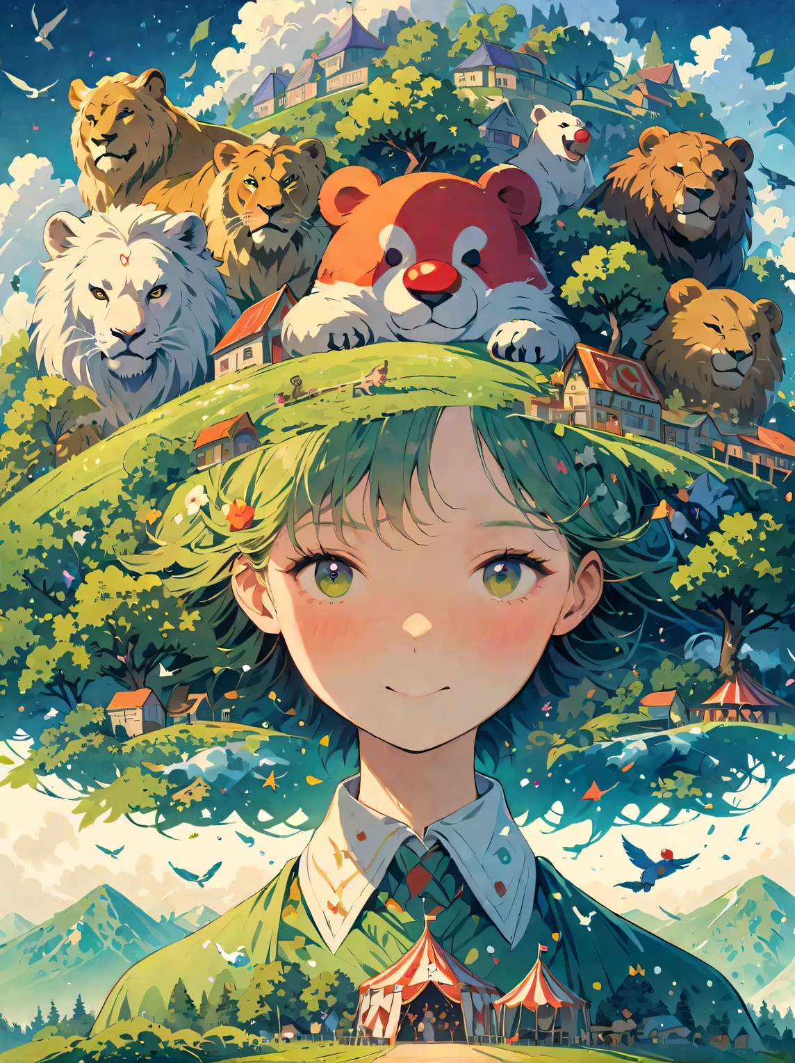 (panoramic, center, masterpiece, best quality: 1.2), Fantasy illustration of boy wearing clown mask with big red nose and circus tent, lion, bear, big circus, clown performing magic, evoking the magic of circus. With its purple hue, the background blends in with his hair, exuding an air of tranquility and creating a harmonious composition that captures the beauty of nature. The illustration symbolizes harmony between man and his environment, focusing on the face