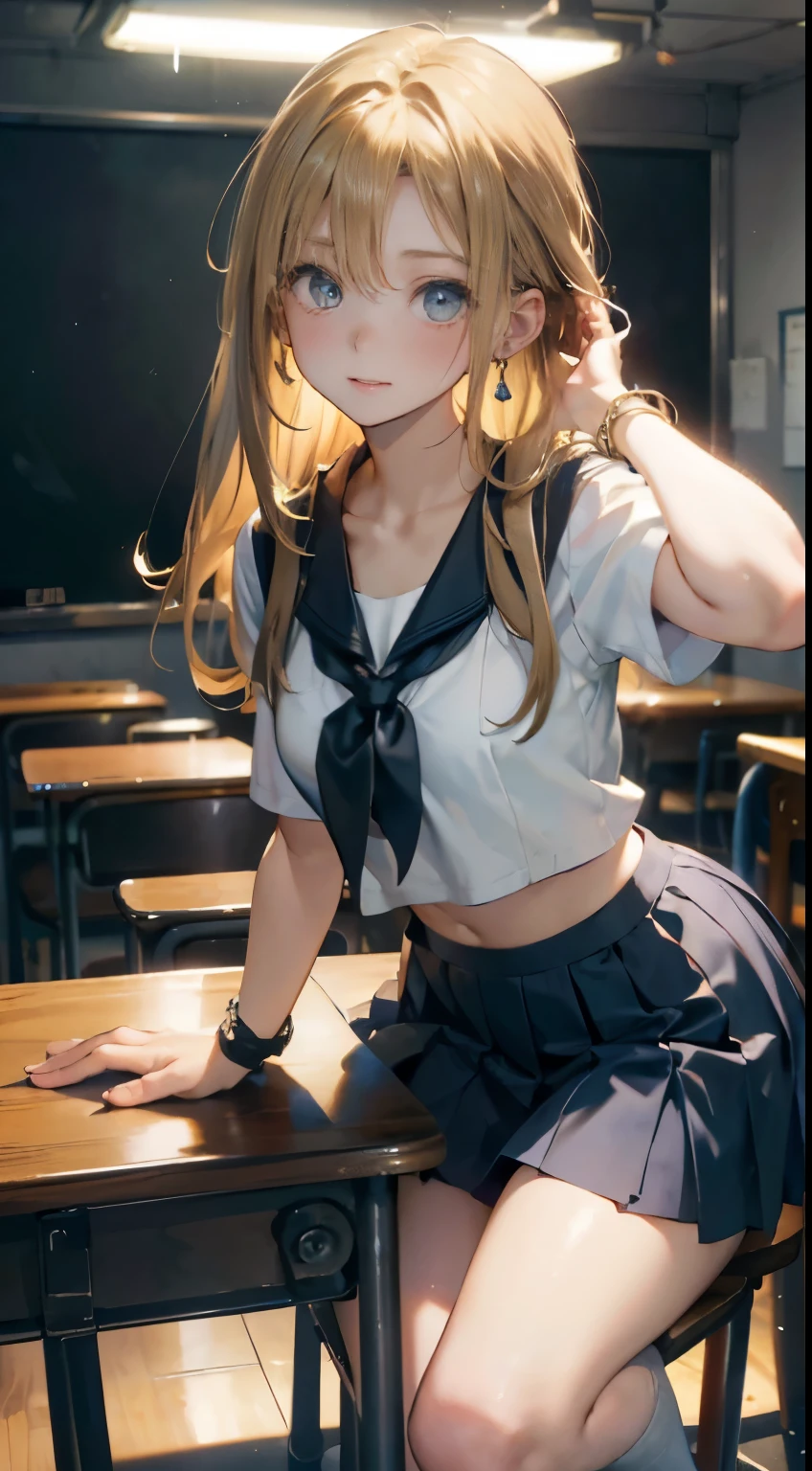 quality、Image Quality、​Masterpiece、girl with((18 years old、Short sleeve sailor suit without sports bra、Short blue skirt、best bust、Bust 85、a blonde、Long hairlue eyes、Open your mind、Happineslack wristband on the wrist、A slender one、shy face、earrings、on all fours,Get closer to the audience、action of pulling up hair、Dye your cheeks、The wind is blowing)）High quality、visual art、Love movie style、background with((After-school classroom))、on the table、