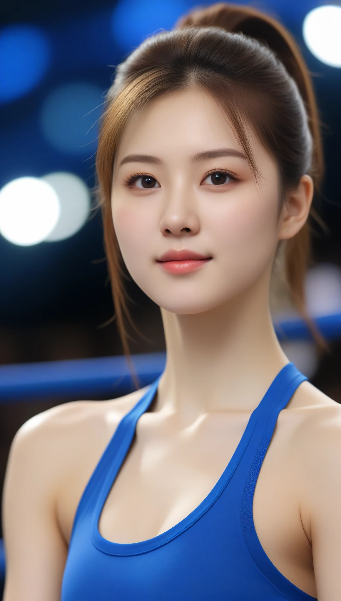Close-up shot of beautiful korean female, 34 inch breasts size, high ponytail , slightly smile, wearing crop blue boxing tank top, wearing boxing gloves, on boxing stage bokeh background, UHD