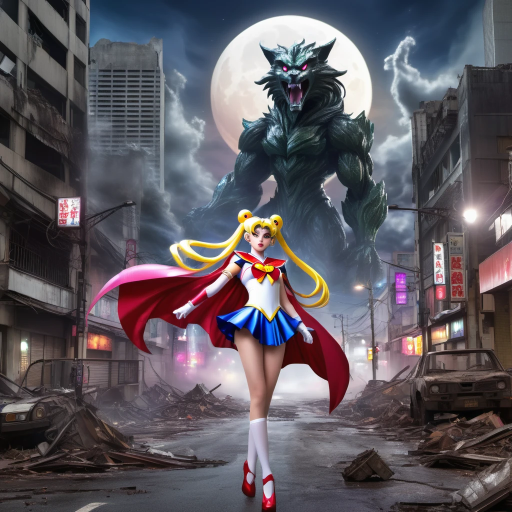 highres,realistic,a magically gigantic Sailor Moon,tattered uniform,terrified screams,flees,Godzilla,battered Tokyo,desolated cityscape,wrecked buildings,giant monster,destroyed streets,crumbling skyscrapers,smoke and dust,panicking crowds,flickering streetlights,moonlit night,distant sirens,roaring thunder,ominous atmosphere,apocalyptic scene,dystopian setting,expressive eyes,flowing hair,heroic pose,dynamic movement,moon tiara action,lunar power,vibrant colors,majestic glow,highlighted details,epic confrontation,concrete debris,fearful expressions,Victorian-inspired costume,wispy cape,superhuman speed,heart-pounding chase,unleashing the power,city in chaos.