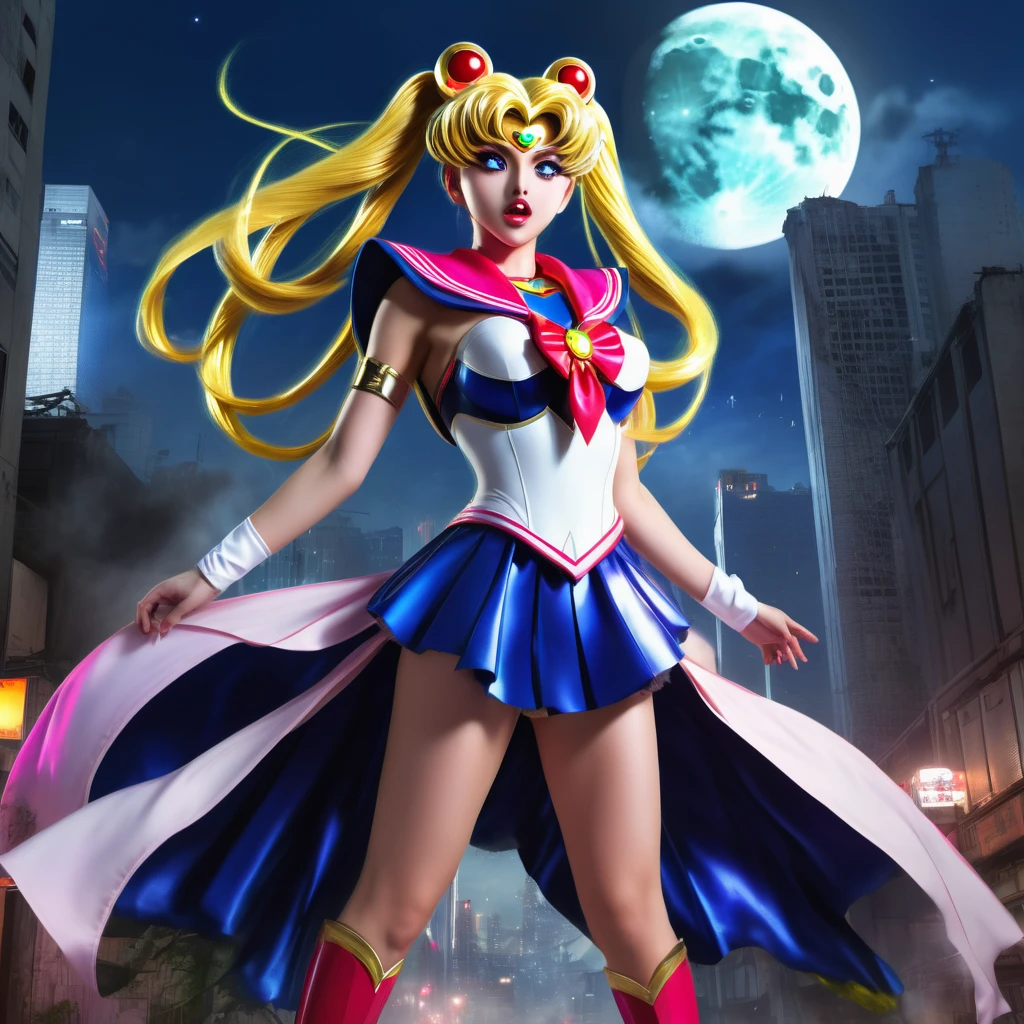 highres,realistic,a magically gigantic Sailor Moon,tattered uniform,terrified screams,flees,Godzilla,battered Tokyo,desolated cityscape,wrecked buildings,giant monster,destroyed streets,crumbling skyscrapers,smoke and dust,panicking crowds,flickering streetlights,moonlit night,distant sirens,roaring thunder,ominous atmosphere,apocalyptic scene,dystopian setting,expressive eyes,flowing hair,heroic pose,dynamic movement,moon tiara action,lunar power,vibrant colors,majestic glow,highlighted details,epic confrontation,concrete debris,fearful expressions,Victorian-inspired costume,wispy cape,superhuman speed,heart-pounding chase,unleashing the power,city in chaos.