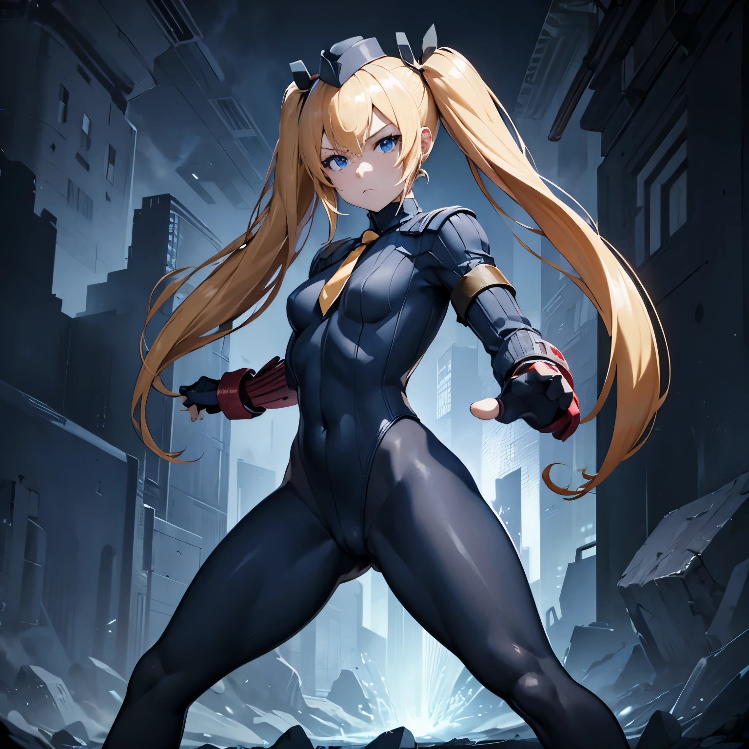 hat, necktie, gloves, ribbed bodysuit, expressionless, blank eyes, looking at viewer, corruption, mind control, female combatant, full body, hypnotized, unhappy trance, full body, obey, perfect female body, hypnosis, hypnoLora, empty eyes, Mind control device, poses, submissive_pose, Slave, standing straight, standing, standing at attention, Fighting Stance, extending the right arm from the shoulder into the air with a straightened hand, (((pixel-perfect, detail-perfect))), solo, 1girl, hair ornaments, LAPLACE, hair ribbon, long hair, small breast, blue eyes, blonde hair, twintails