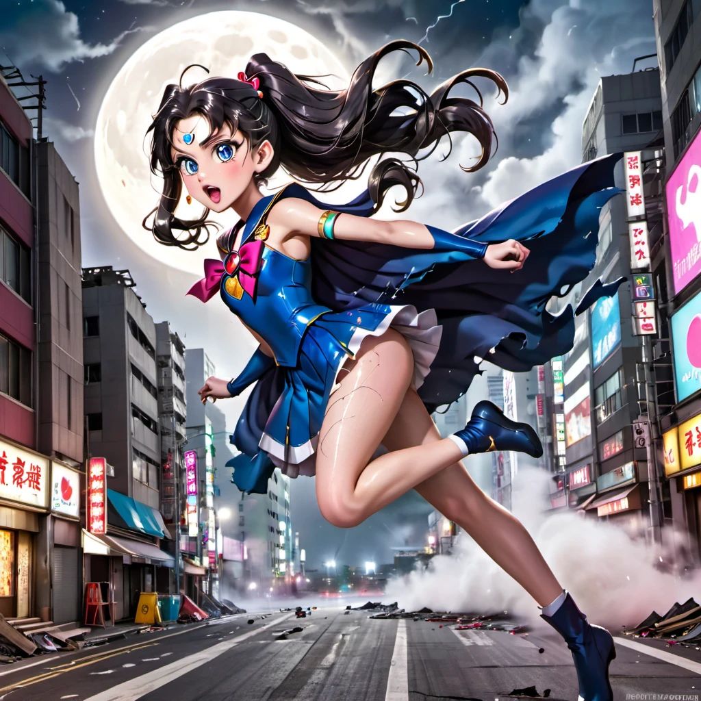 highres,realistic,a magically gigantic Sailor Moon,tattered uniform,terrified screams,flees,Godzilla,battered Tokyo,desolated cityscape,wrecked buildings,giant monster,destroyed streets,crumbling skyscrapers,smoke and dust,panicking crowds,flickering streetlights,moonlit night,distant sirens,roaring thunder,ominous atmosphere,apocalyptic scene,dystopian setting,expressive eyes,flowing hair,heroic pose,dynamic movement,moon tiara action,lunar power,vibrant colors,majestic glow,highlighted details,epic confrontation,concrete debris,fearful expressions,Victorian-inspired costume,wispy cape,superhuman speed,heart-pounding chase,unleashing the power,city in chaos.