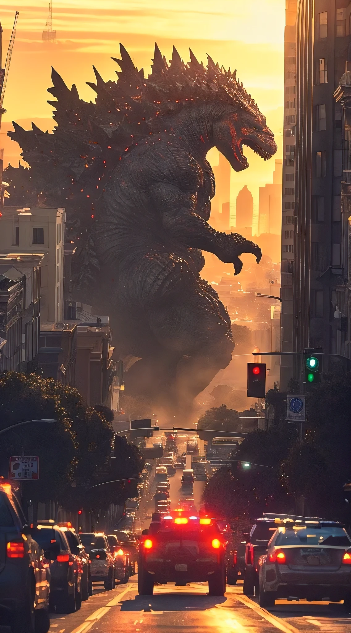 (best quality, masterpiece:1.2), 8k iphone photo of strong angry godzilla getting ready to attack tall shadow alien creature in downtown san francisco, during sunset, surrounded by police cars, lights and sirens, deployed army soliders blocking off streets, confusion and fear atmosphere, cinematic lighting, posted on reddit, posted on Twitter, photorealistic visual effects, digital composition masterclass