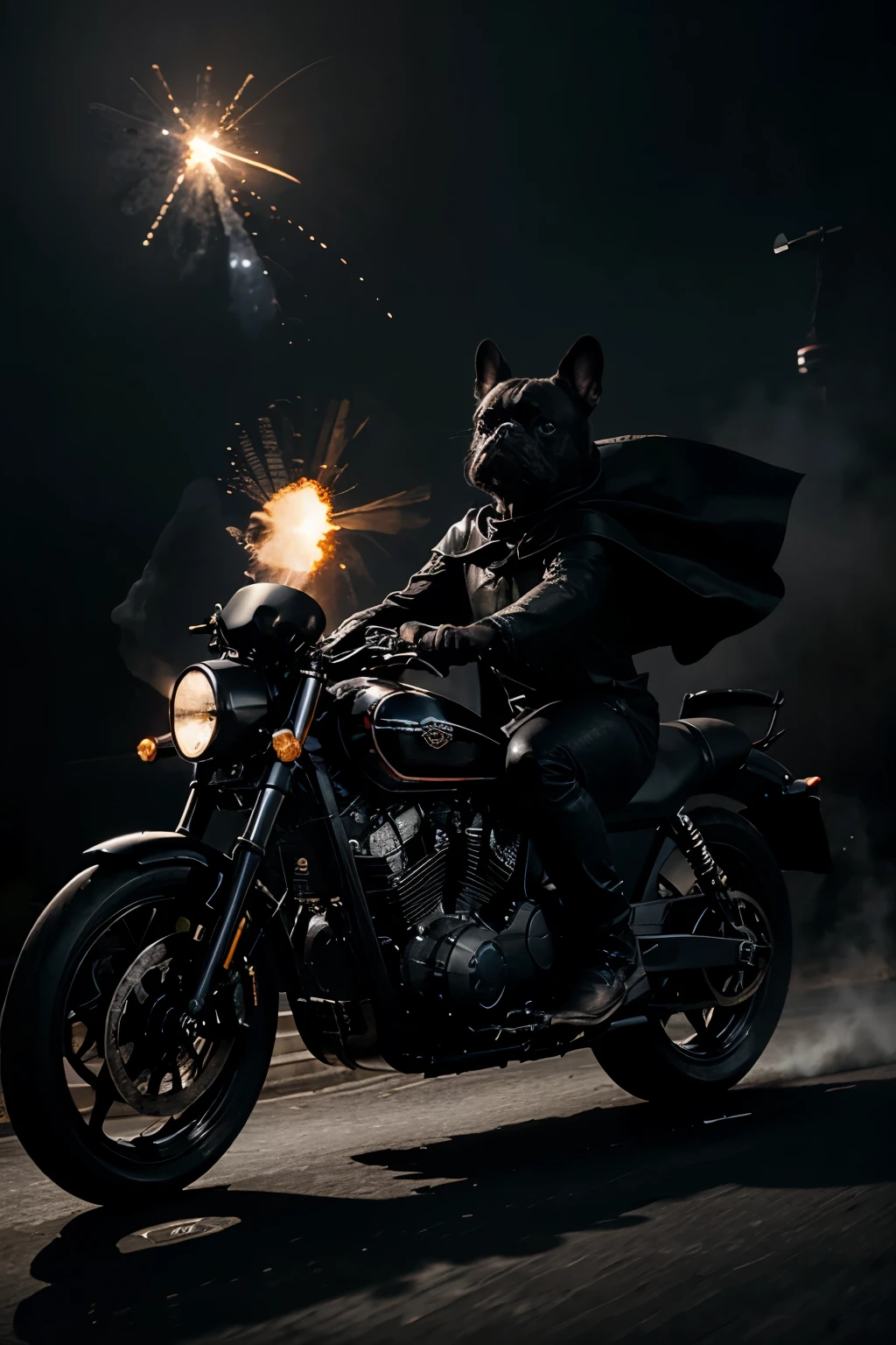 a mighty terrified looking black french bulldog riding a black metal stylish motorcycle in outer space, high speed, with short cape, dark background with explosion, running away from chasing spaceship