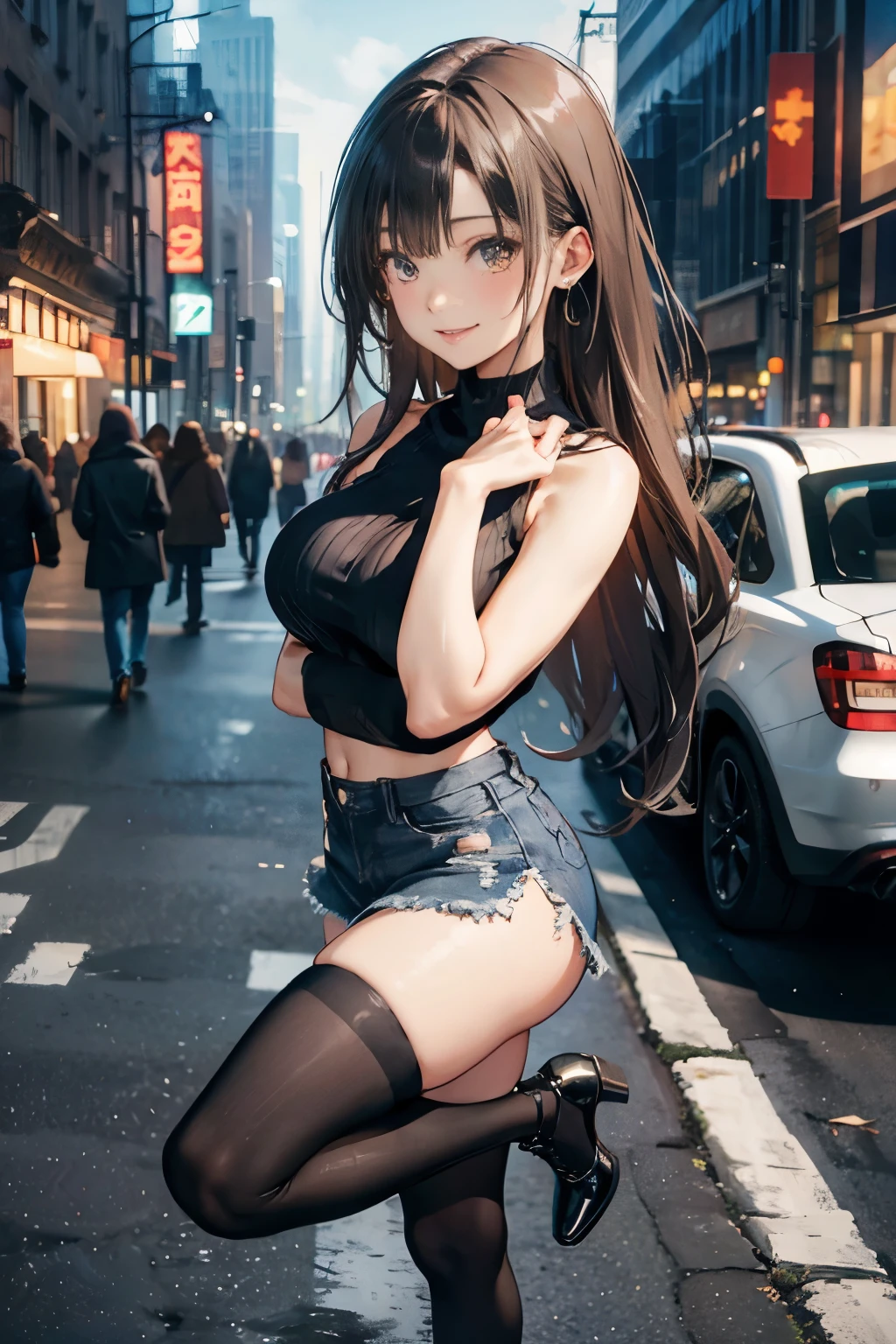 (Black Turtleneck Sleeveless Knit)、Denim Mini Skirt、20 year old girl, breasts of medium size,, Puffy nipple、Forward bends with emphasis on the chest、brown haired、Long Wave Hair,In the city of the city, I look up and look good.、a necklace、Earring、knee high stockings、high-heels ((Very detailed)), Shy smile、(Perfectly detailed face), (Well detailed hands) Photorealistic images、full body seen、emphasis on the buttocks
