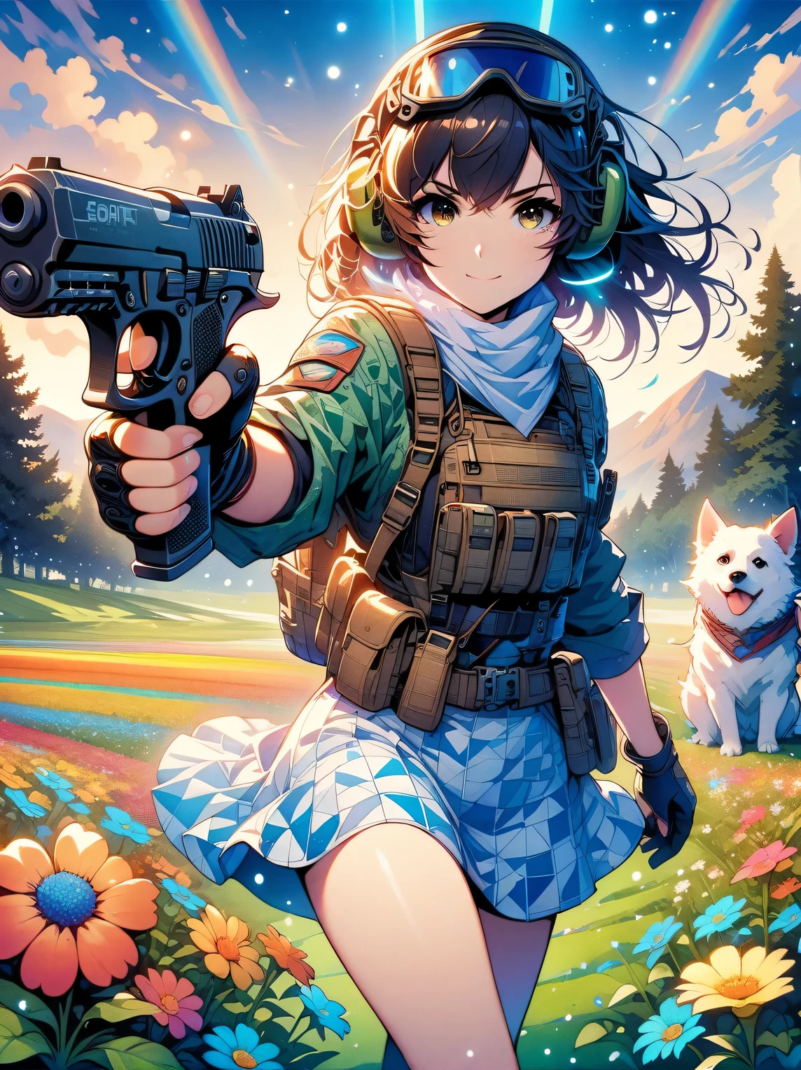 French countryside,Illustration of a cute girl,long black hair,Wearing a blue and white floral skirt,Holding a white dog,Walking in a flower field with cloudy sky background,Holding a gun with one hand,Aim at you,emit laser,happy facial expression,digital art style,bold line work,Flat illustration style,bright colors,breath of spring,landscape photos,high resolution,high quality,high detail。,rich and colorful, rainbow, small , Contrasting colors, in the spring landscape, icon design, Rozmin trip, vector art, alone,Abstract surreal colors, popular geometric surrealism, rainbow colored dreams