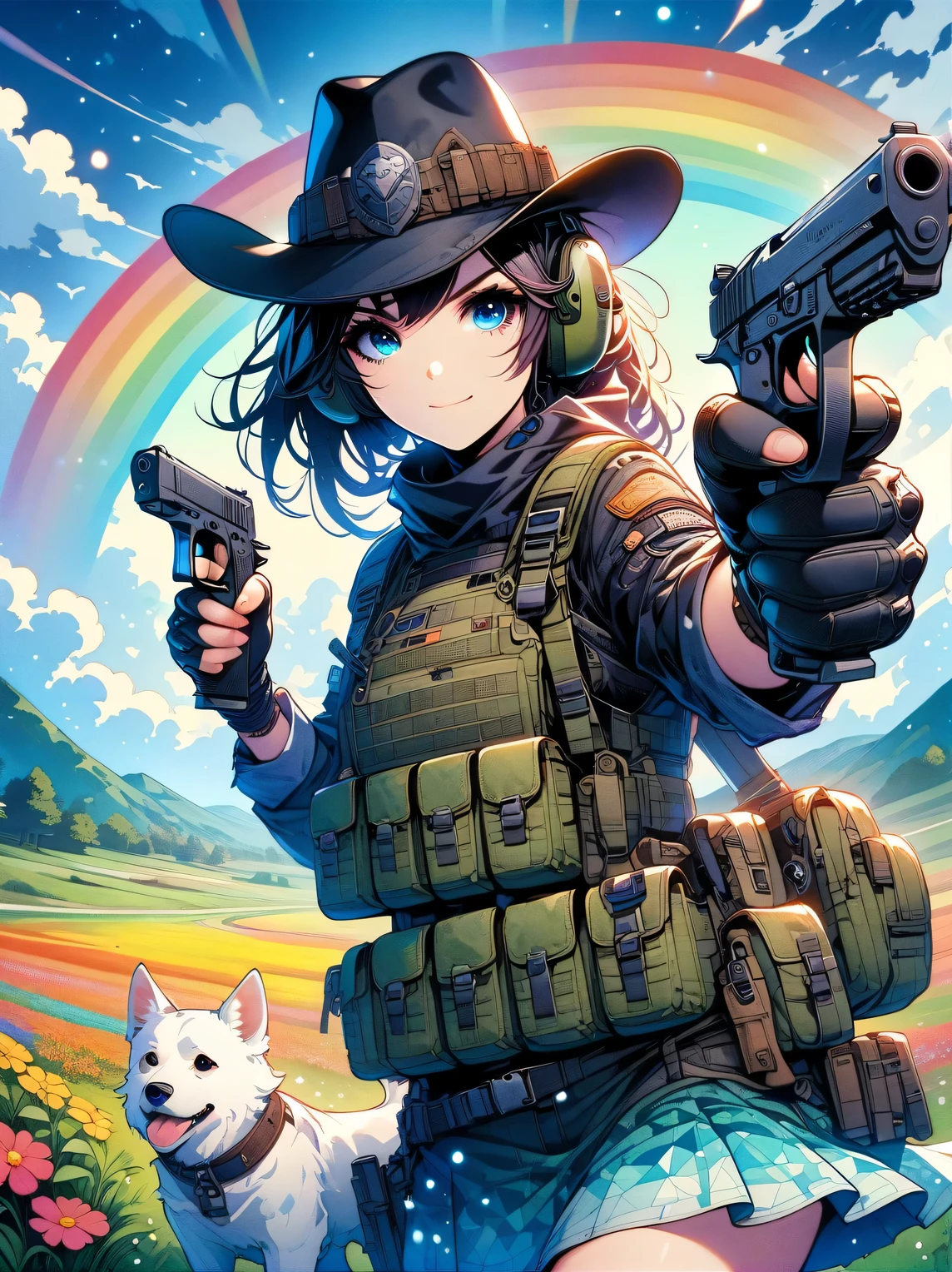French countryside,Illustration of a cute girl,long black hair,Wearing a blue and white floral skirt,Holding a white dog,Walking in a flower field with cloudy sky background,Holding a gun with one hand,Aim at you,emit laser,happy facial expression,digital art style,bold line work,Flat illustration style,bright colors,breath of spring,landscape photos,high resolution,high quality,high detail。,rich and colorful, rainbow, small , Contrasting colors, in the spring landscape, icon design, Rozmin trip, vector art, alone,Abstract surreal colors, popular geometric surrealism, rainbow colored dreams