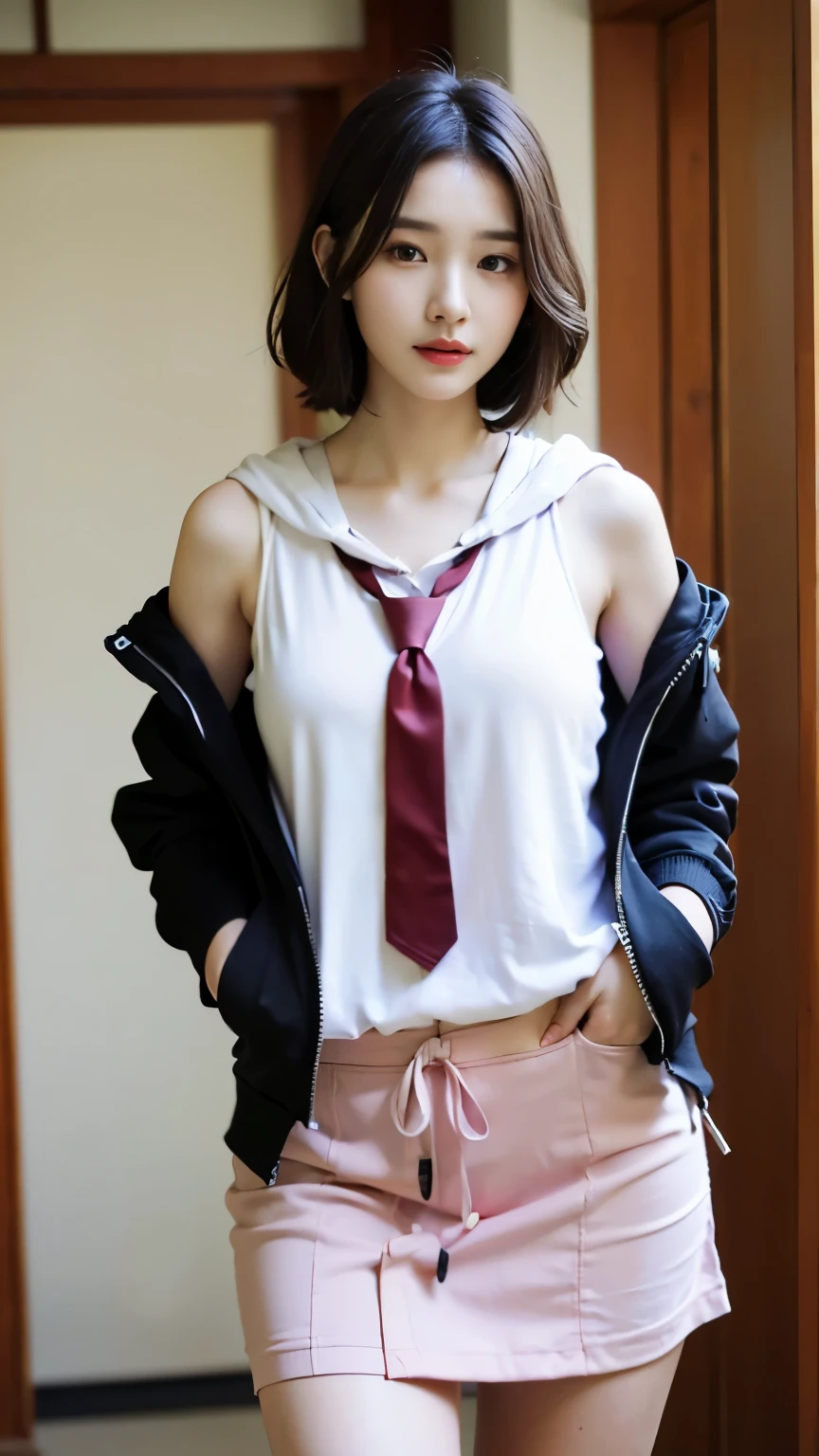 (((best quality, 8 thousand, masterpiece:1.4)), (20 year old woman), masterpiece, distinct, highres, high_quality, wide_shot, small_face, absurdly_short_hair, female, sagging_breasts, balancing, stretching, gentle_face, bare_shoulders, center_opening, downblouse, ((best quality)), ((masterpiece)), (detailed), perfect face, very big breasts, ultra high resolution room, 8k, perfect body, hud, Ergonomic, slim legs, small face, long eyelashes, Sparkling pink lips, eye for detail, clean skin, blemish-free face, korean beauty, 20 year old woman, 1 woman, Sexy pelvis, long hooded jacket, wizard jacket, long jacket, trapped in a maze, necktie, shirt, skirt, (Huge, saggy breasts),