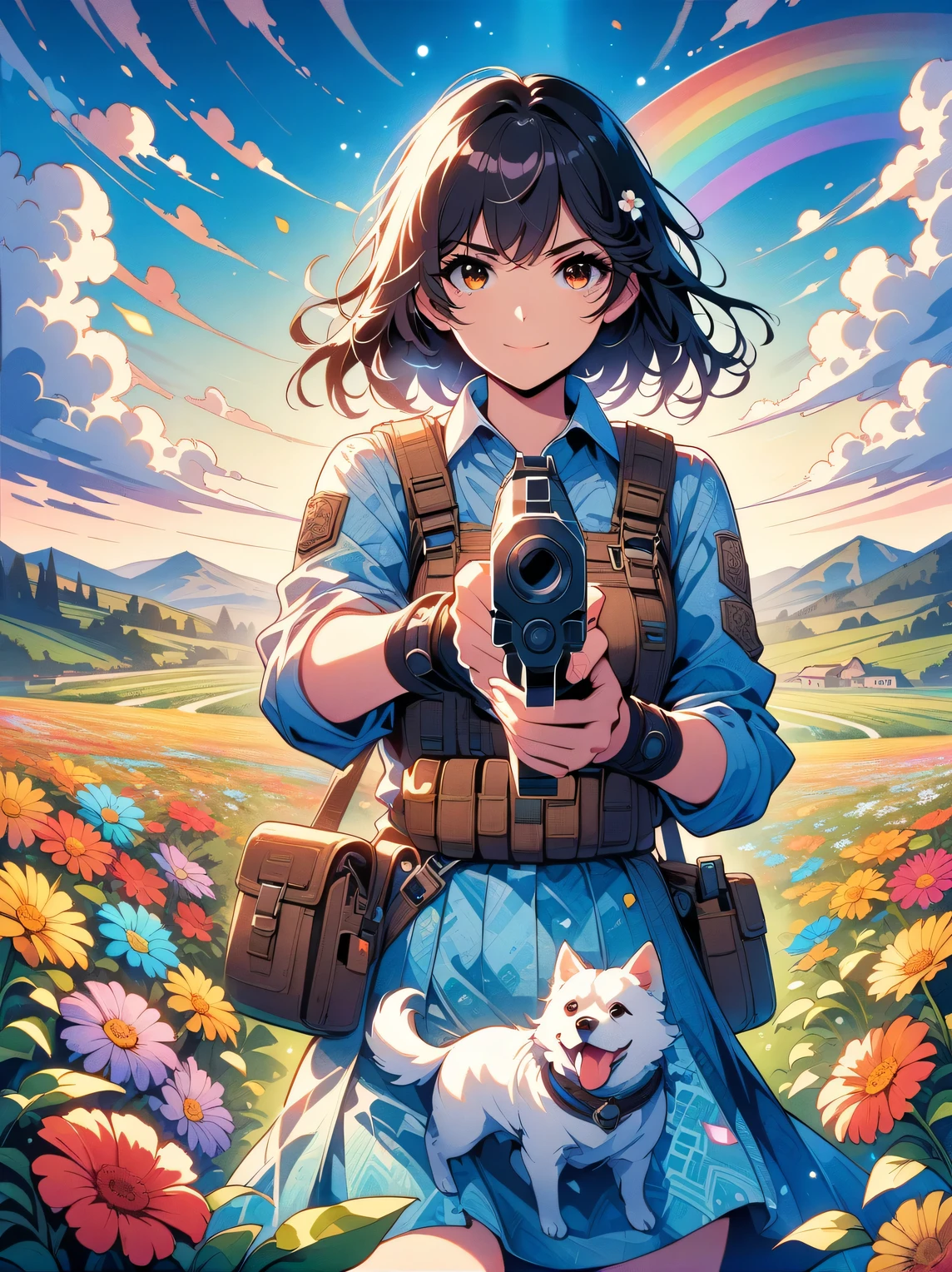French countryside,Illustration of a cute girl,long black hair,Wearing a blue and white floral skirt,Holding a white dog,Walking in a flower field with cloudy sky background,Holding a gun with one hand,Aim at you,emit laser,happy facial expression,digital art style,bold line work,Flat illustration style,bright colors,breath of spring,landscape photos,high resolution,high quality,high detail。,rich and colorful, rainbow, small , Contrasting colors, in the spring landscape, icon design, Rozmin trip, vector art, alone,Abstract surreal colors, popular geometric surrealism, rainbow colored dreams