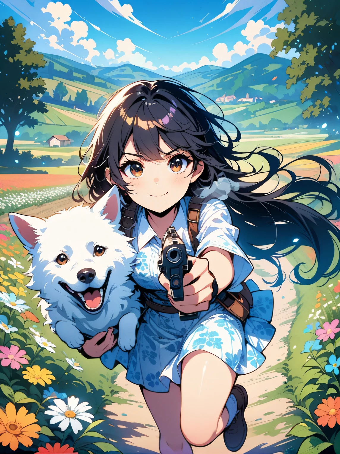 French countryside,Illustration of a cute girl,long black hair,Wearing a blue and white floral skirt,Holding a white dog,Walking in a flower field with cloudy sky background,Holding a gun with one hand,Aim at you,emit laser,happy facial expression,digital art style,bold line work,Flat illustration style,bright colors,breath of spring,landscape photos,high resolution,high quality,high detail。