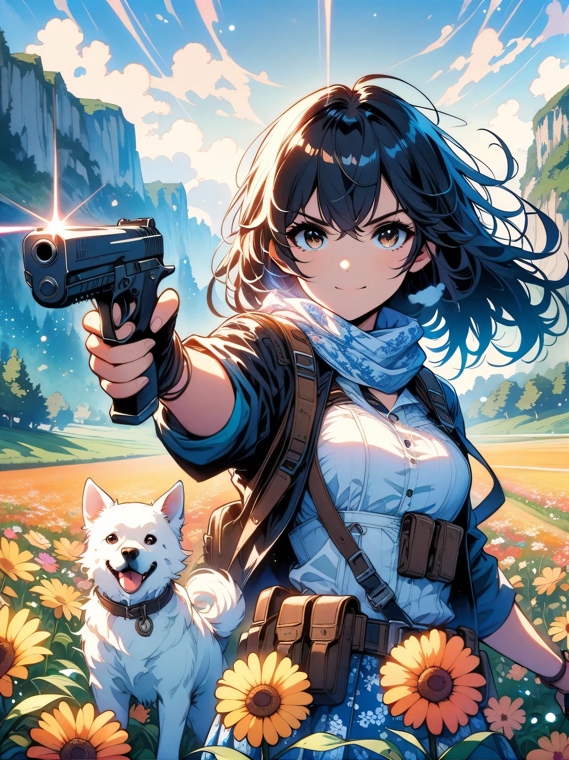 French countryside，Illustration of a cute girl，long black hair，Wearing a blue and white floral skirt，Holding a white dog，Walking in a flower field with cloudy sky background，Holding a gun with one hand，Aim at you，emit laser，happy facial expression，digital art style，bold line work，Flat illustration style，bright colors，breath of spring，landscape photos，high resolution，high quality，high detail。