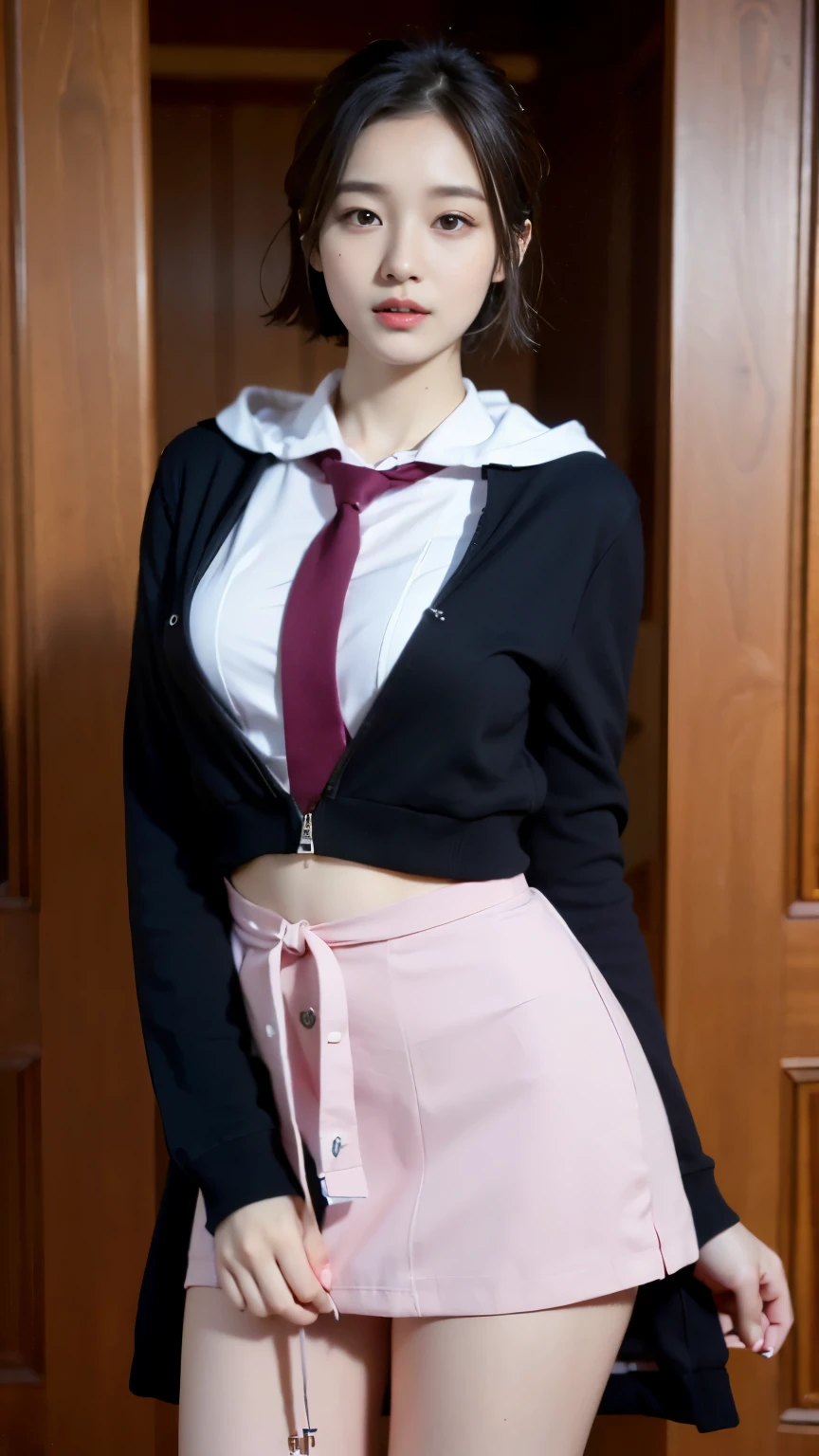 (((best quality, 8 thousand, masterpiece:1.4)), (20 year old woman), masterpiece, distinct, highres, high_quality, wide_shot, small_face, absurdly_short_hair, female, sagging_breasts, balancing, stretching, gentle_face, bare_shoulders, center_opening, downblouse, ((best quality)), ((masterpiece)), (detailed), perfect face, very big breasts, ultra high resolution room, 8k, perfect body, hud, Ergonomic, slim legs, small face, long eyelashes, Sparkling pink lips, eye for detail, clean skin, blemish-free face, korean beauty, 20 year old woman, 1 woman, Sexy pelvis, long hooded jacket, wizard jacket, long jacket, trapped in a maze, necktie, shirt, skirt, (Huge, saggy breasts),