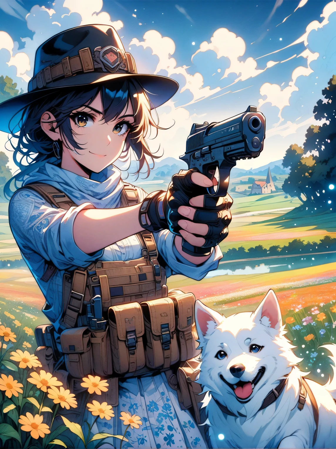 French countryside,Illustration of a cute girl,long black hair,Wearing a blue and white floral skirt,Holding a white dog,Walking in a flower field with cloudy sky background,Holding a gun with one hand,Aim at you,emit laser,happy facial expression,digital art style,bold line work,Flat illustration style,bright colors,breath of spring,landscape photos,high resolution,high quality,high detail。