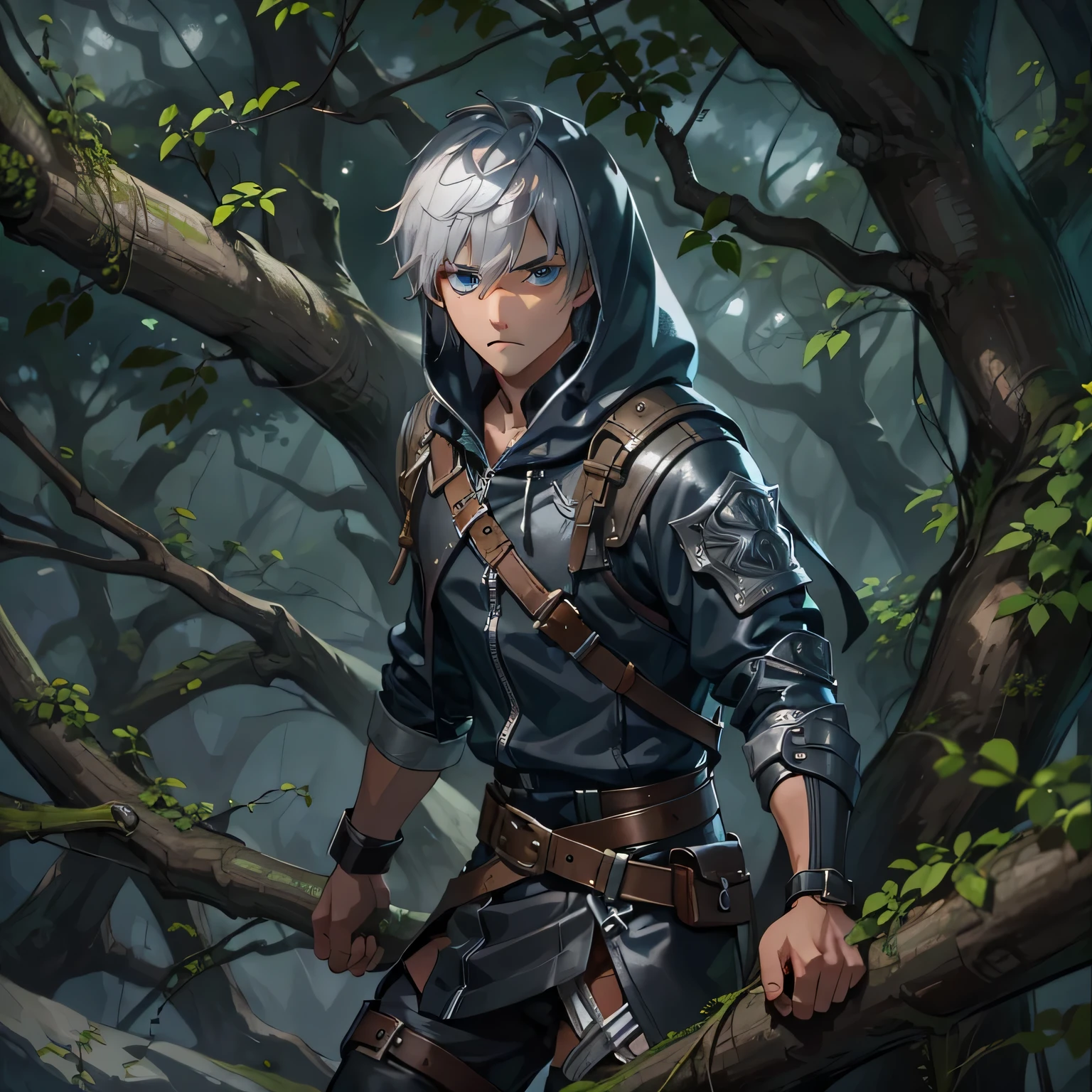 Teenager, male, adventurous, hunter, athletic, average height, leather hooded armor, brown skin, short silver bristly hair, ice blue eyes, determined expression, combat pose, holding a bow, perched on the high branch of a tree in a dark forest. Fantasy realistic anime style photorealistic illustration, close-up.