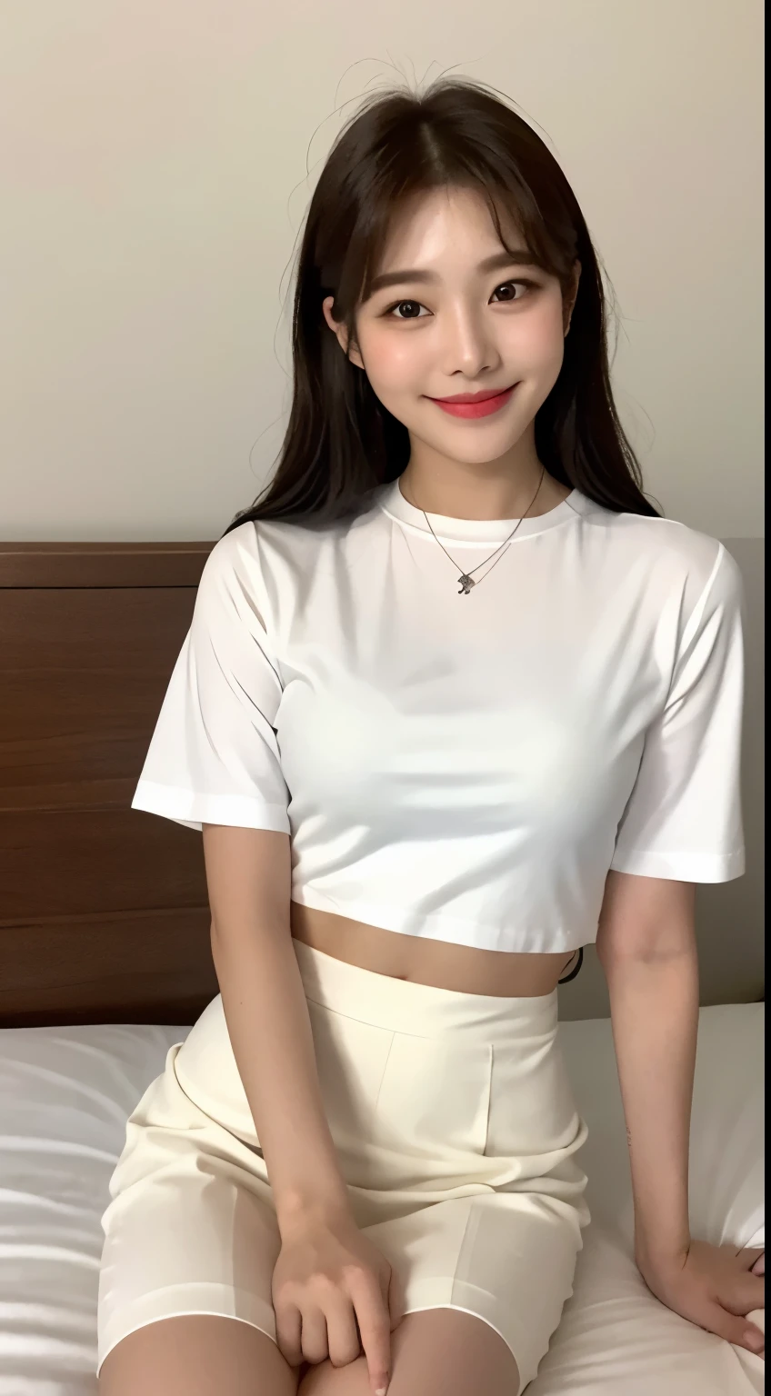 white tight shirt、White fluttering mini skirt、bed、smile、short sleeve、high resolution、Korean idol face