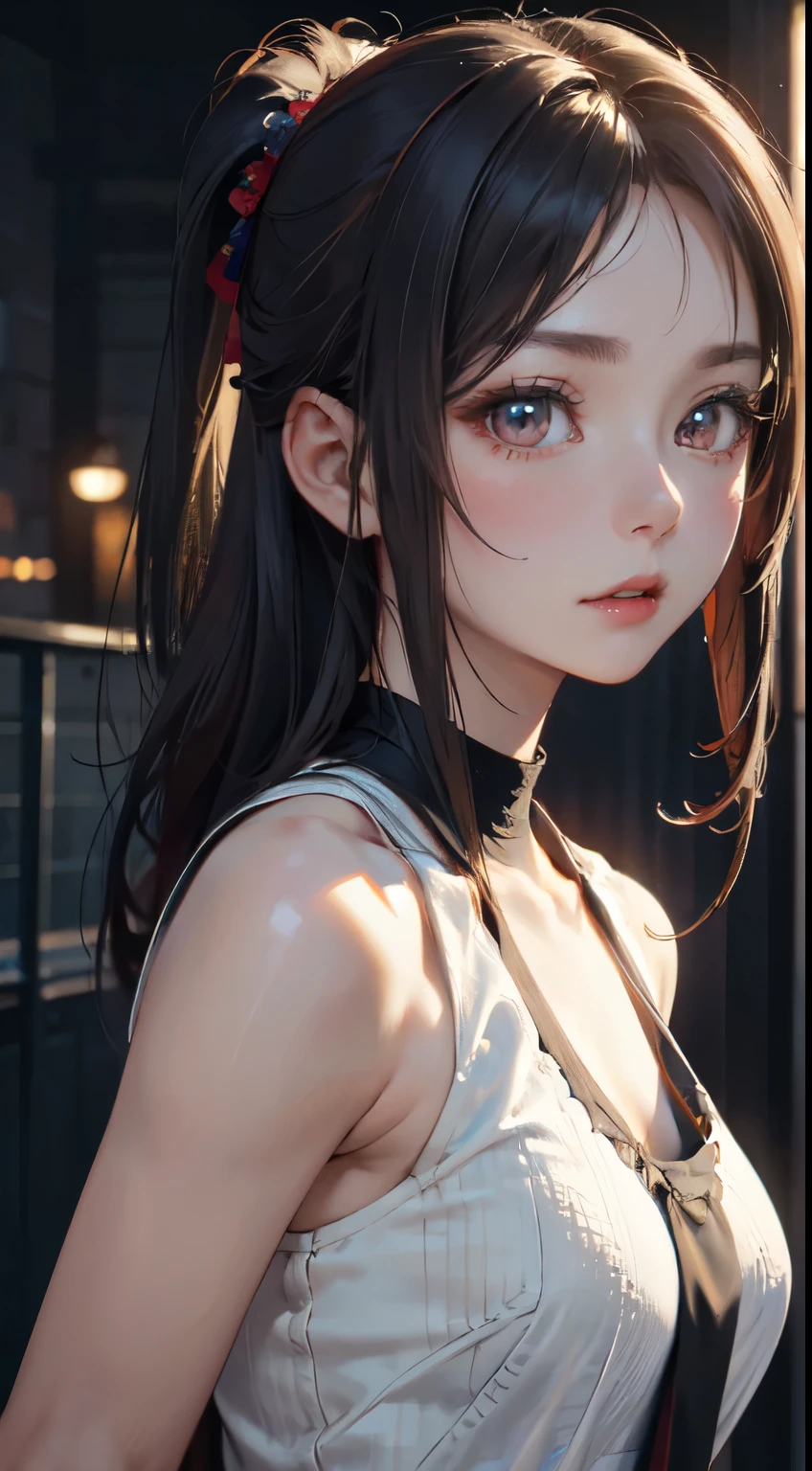 (8k, RAW Photos, Highest quality, masterpiece: 1.2), (Real、Photorealistic: 1.4), (Highly detailed 8K wallpapers), Very delicate and beautiful, Ultra-high resolution, 3d, A girl as cute as a doll, Red ribbon, Highly detailed pink dress, Twin tails, Blunt bangs, Highly detailed glossy black hair, Transparent white skin, large, round eyes, Thin lips, round face, From above, Looking at the camera, The best light, Perfect composition,