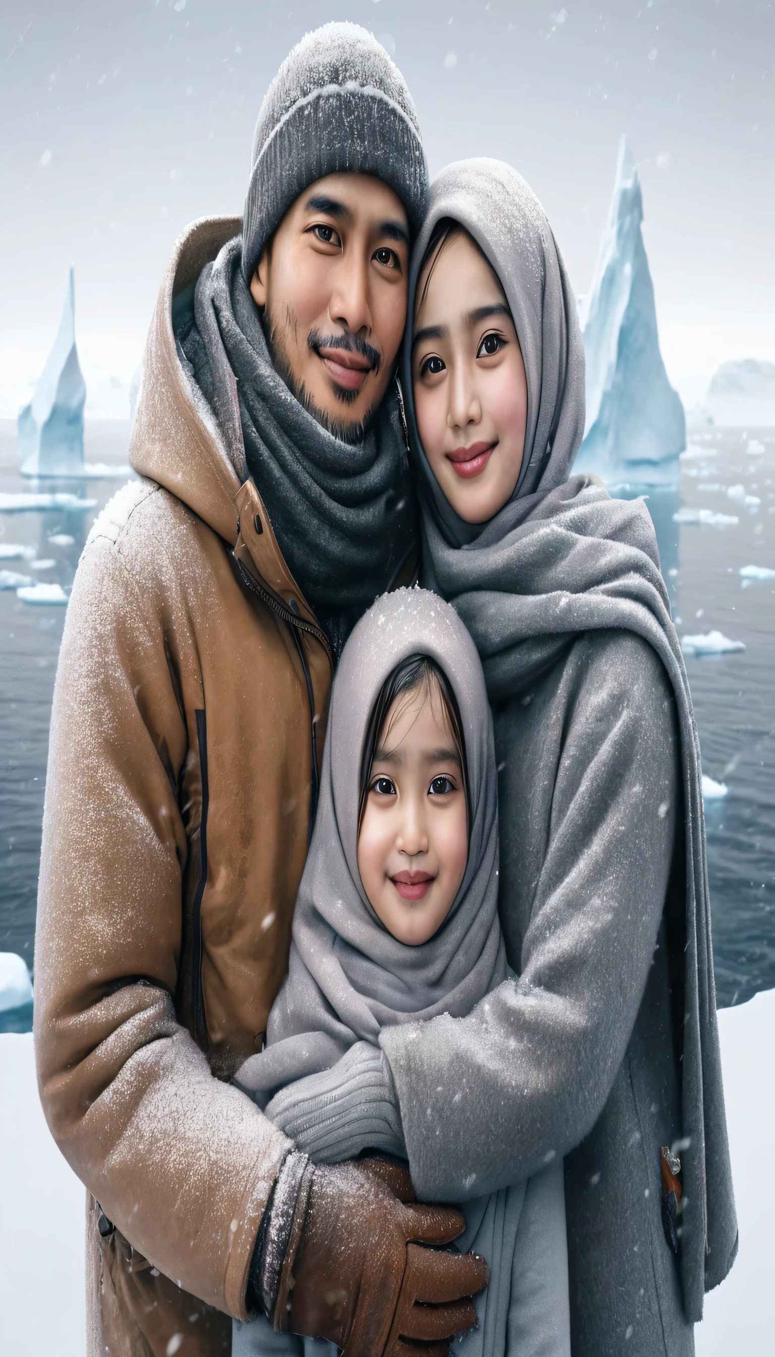 (masterpiece), (best quality), (photorealistic), 16k, detailed skin texture, detailed cloth texture, sweet face detail, intricate detail. Indonesian family photos; father(age 30); mother wears the hijab (age 25 years); girl with straight hair (7 years old), thin smile, clean face, thick clothes, warm clothes, boots, embracing each other, background of icebergs and the ocean in Antarctica, snowfall, very real