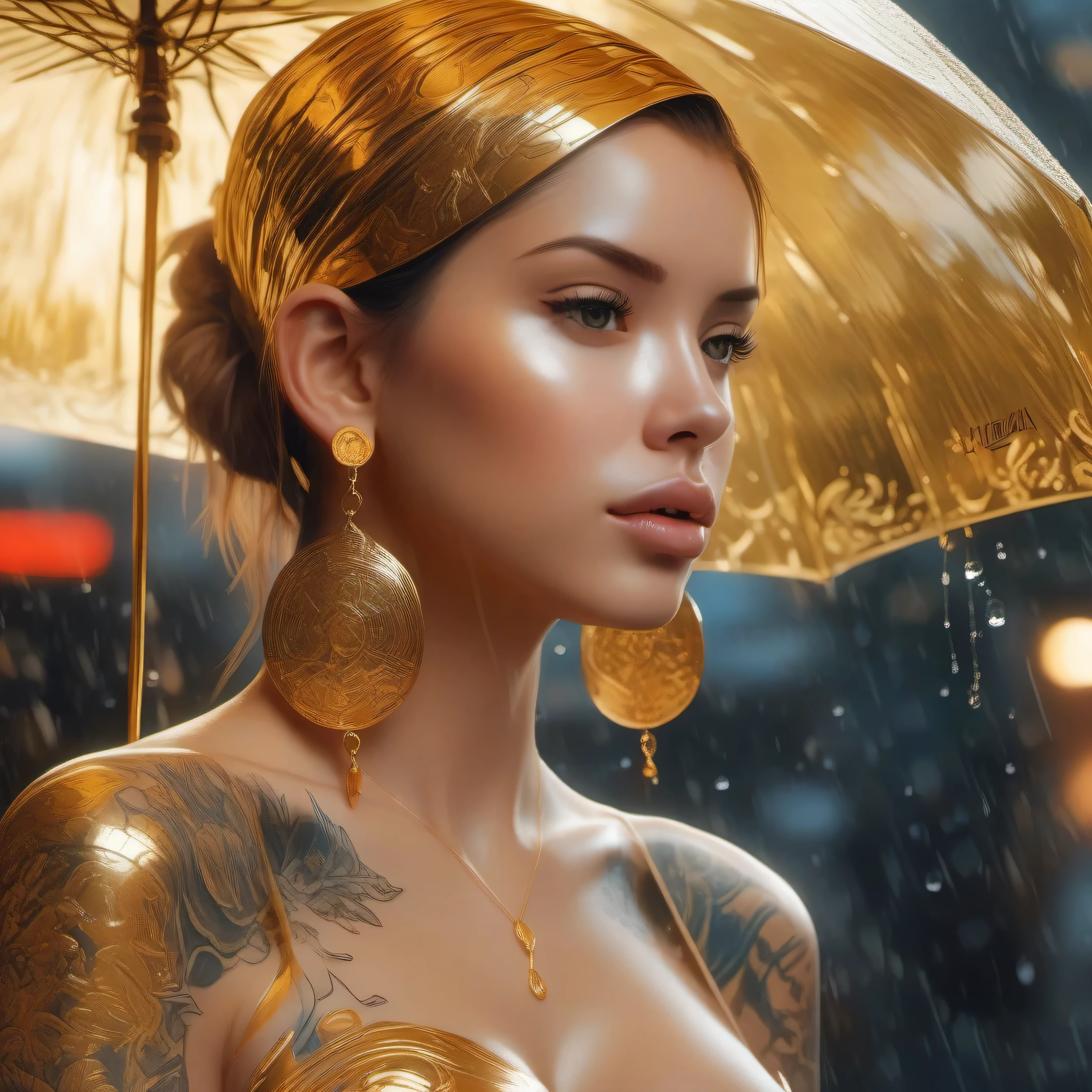 gold tattoos with a girl in rain with golden earrings, in the style of vray tracing, martin ansin, yuumei, poured, close up, dark white and gold, speedpainting, masterpiece, best quality,