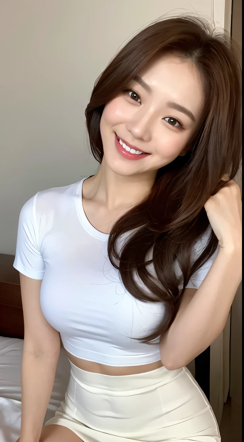 white tight shirt、white tight mini skirt、bed、smile、short sleeve、high resolution、Korean idol face