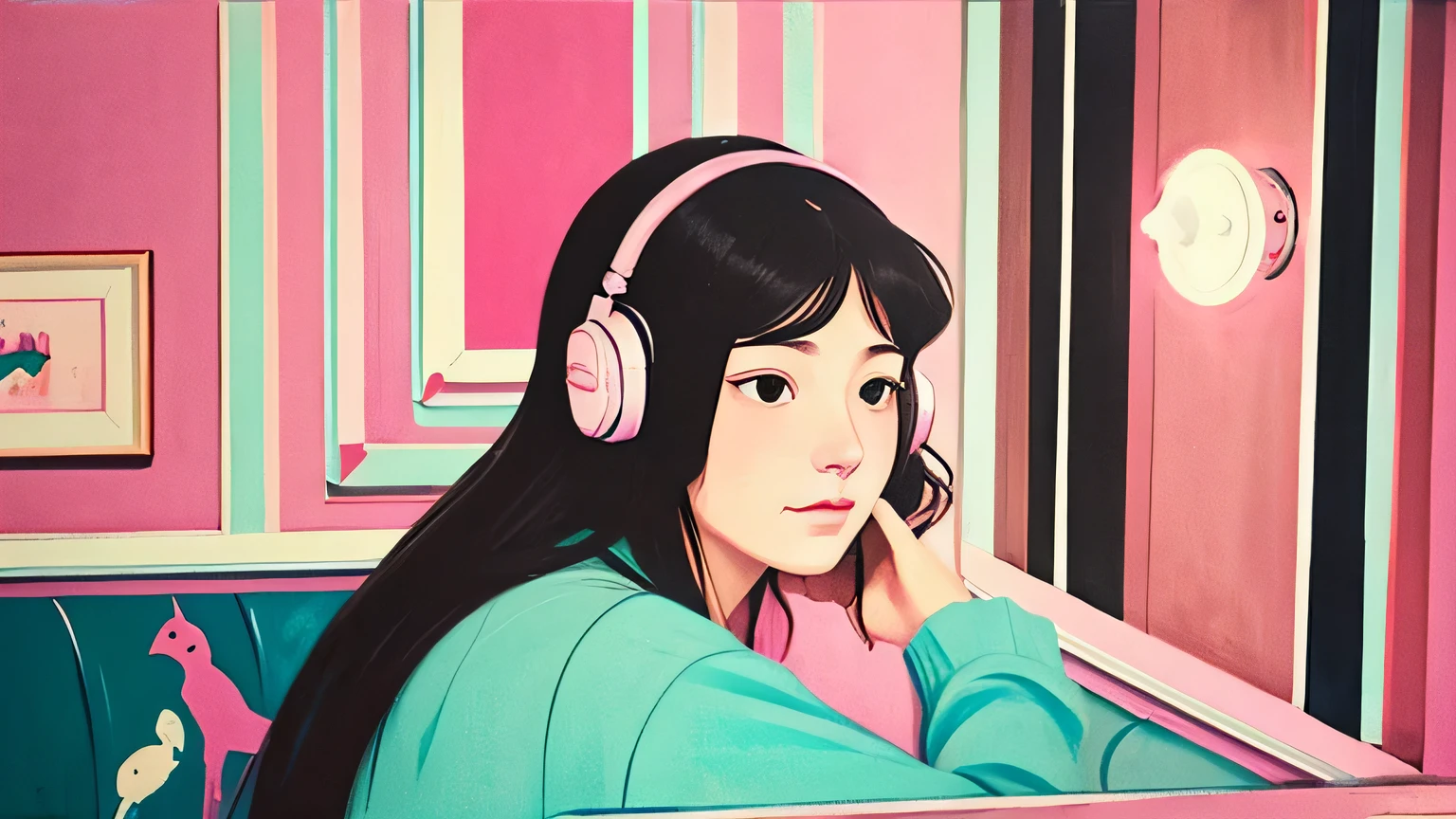 Small face, pretty 17 year old girl listening to music in a corner of a pink room, painting, detailed work, delicate, sense of depth, anime style, large room, cluttered, immersed, colorful, urban, city center, cutting edge, cat