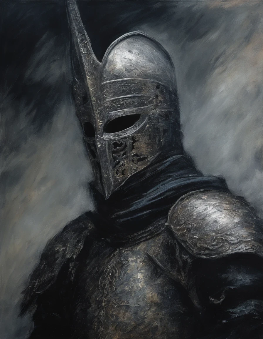 Create an impressionist painting&#39;a scary warrior knight wearing a glittering silver mask., neige, Cendre cosmique, feu, artistique, complexe