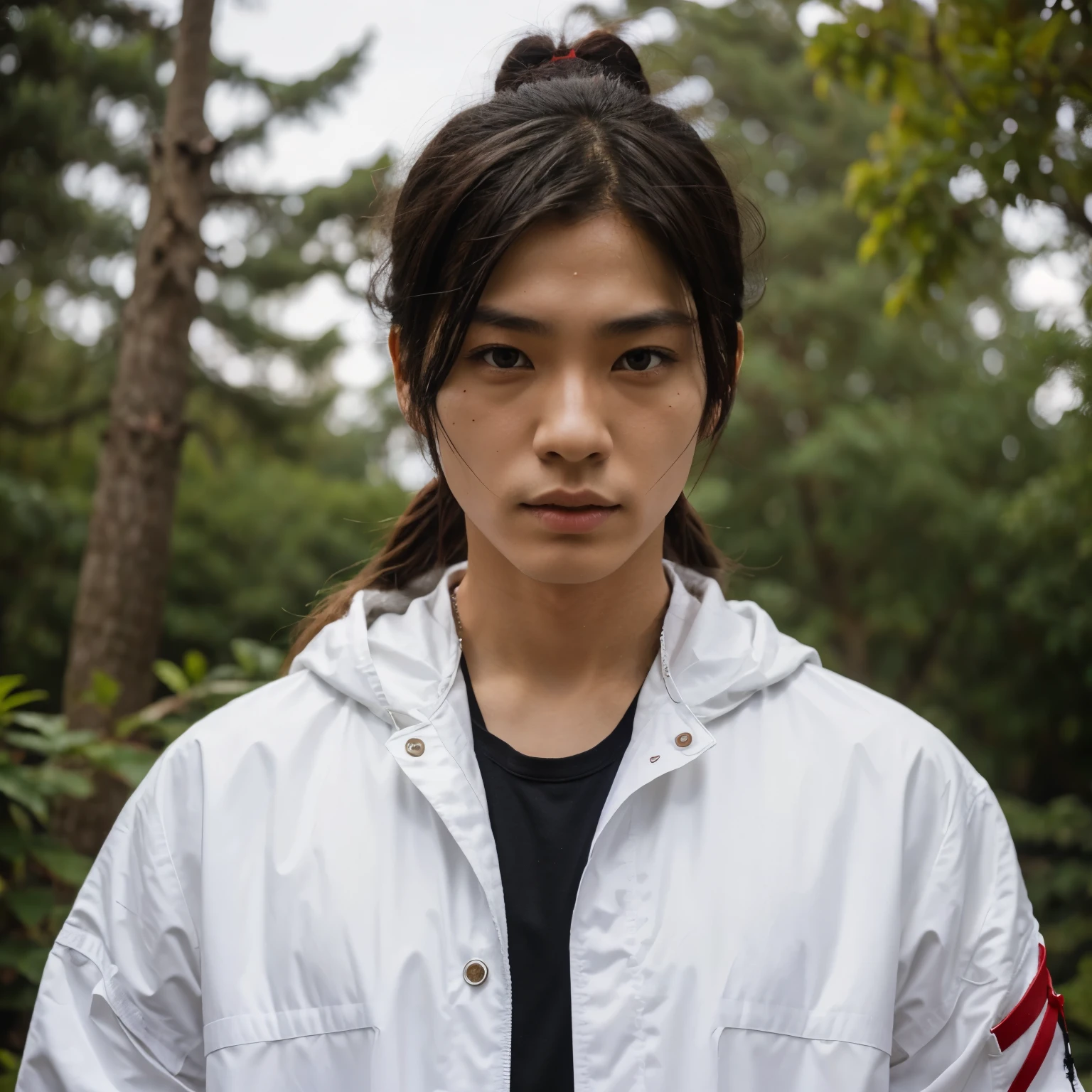 Japanese male warrior, with a white jacket with red details with the a long hair with topknot using a katana white and black with red details, a scar in the face with a cross form