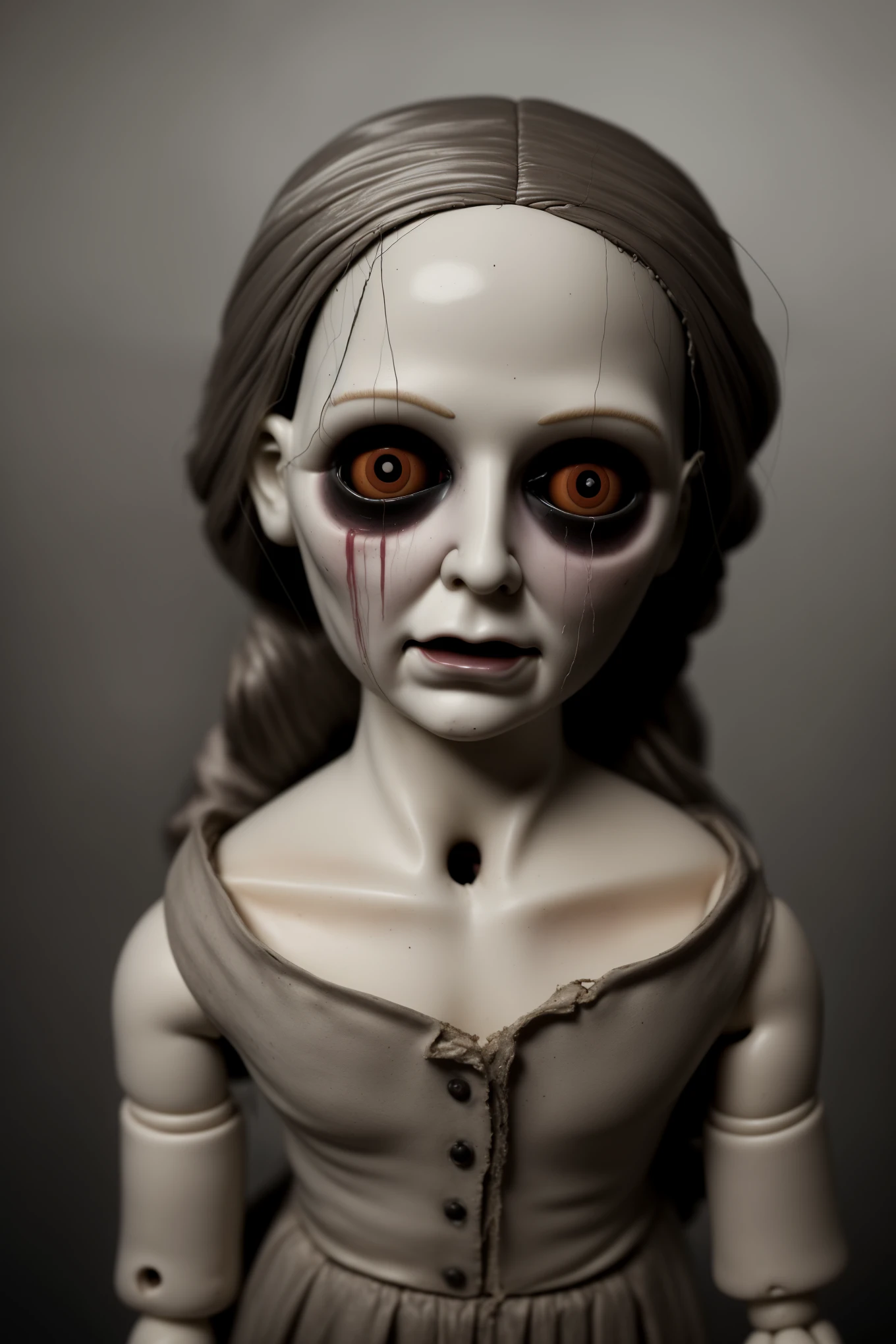 A haunting conceptual illustration in a sketch drawing style with low color saturation. The central figure is a broken porcelain doll, its delicate features marred by cracks and chips. Its porcelain visage is concealed behind a creepy mask, contorted into a twisted smile that sends chills down the viewer's spine. Hollow eyes, devoid of life, emit an aura of despair and suffering, capturing the essence of a tortured existence. The surroundings that envelop the doll are filled with an overwhelming sense of dread and pain, as if the doll has been thrust into a nightmarish landscape of torment. The overall atmosphere evokes a bleak and unsettling ambiance, leaving the viewer with a profound sense of unease and the lingering feeling that they have peered into the depths of