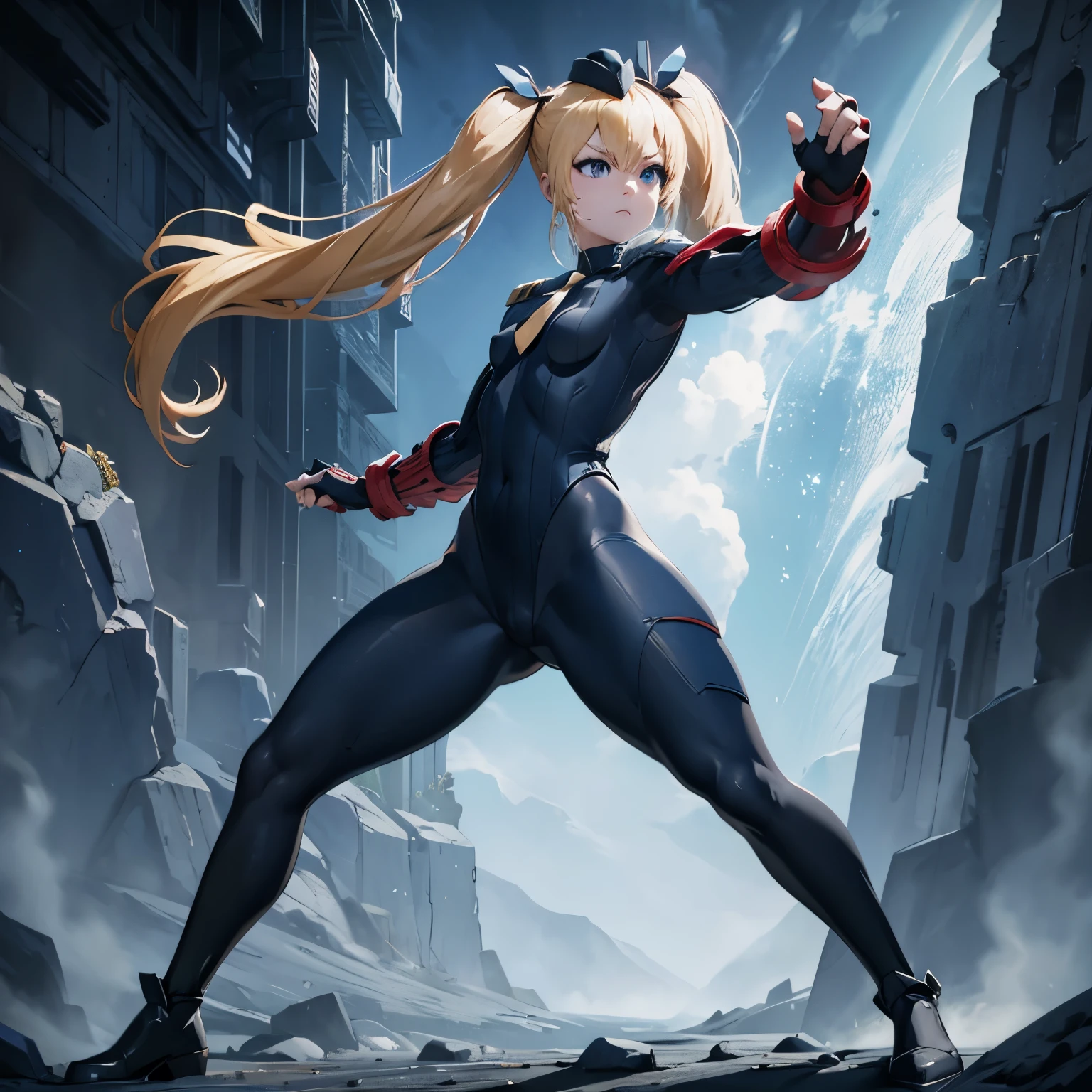 hat, necktie, gloves, ribbed bodysuit, expressionless, blank eyes, looking at viewer, corruption, mind control, female combatant, full body, hypnotized, unhappy trance, full body, obey, perfect female body, hypnosis, hypnoLora, empty eyes, Mind control device, poses, submissive_pose, Slave, standing straight, standing, standing at attention, Fighting Stance, extending the right arm from the shoulder into the air with a straightened hand, (((pixel-perfect, detail-perfect))), solo, 1girl, hair ornaments, LAPLACE, hair ribbon, long hair, small breast, blue eyes, blonde hair, twintails, holding gun, gun, holding weapon