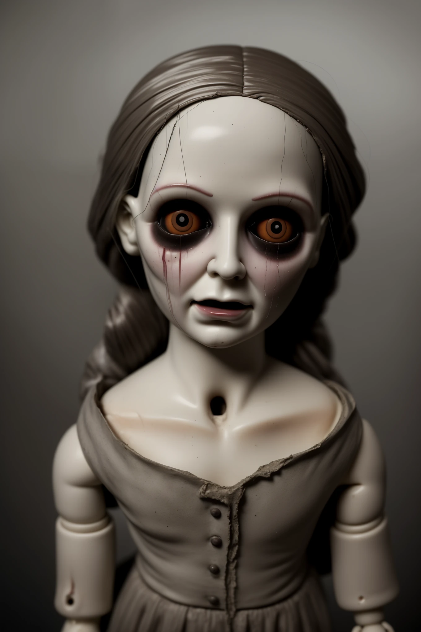 A haunting conceptual illustration in a sketch drawing style with low color saturation. The central figure is a broken porcelain doll, its delicate features marred by cracks and chips. Its porcelain visage is concealed behind a creepy mask, contorted into a twisted smile that sends chills down the viewer's spine. Hollow eyes, devoid of life, emit an aura of despair and suffering, capturing the essence of a tortured existence. The surroundings that envelop the doll are filled with an overwhelming sense of dread and pain, as if the doll has been thrust into a nightmarish landscape of torment. The overall atmosphere evokes a bleak and unsettling ambiance, leaving the viewer with a profound sense of unease and the lingering feeling that they have peered into the depths of