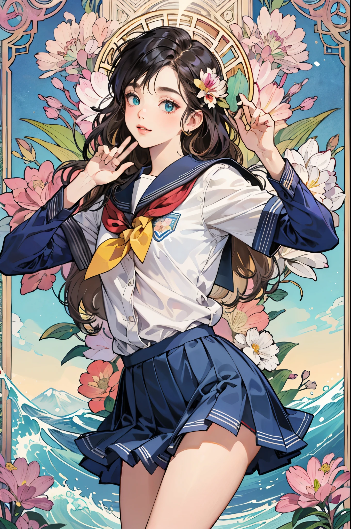 poster,(by mucha:1.2),((art deco,Botanical Art,Floral Art)),(floral:1.2),lily flower,
(masterpiece, highest quality),(vibrant colors,colorful),(amazing details,detailed background),anatomically correct,Accurate drawing,Detailed drawing,high-class sense,
lie down,girl hugging:1.6,(wave hair),
(School uniform:1.5), pillow,
(underwear),bare thigh, tilt hips, butt, bottom,