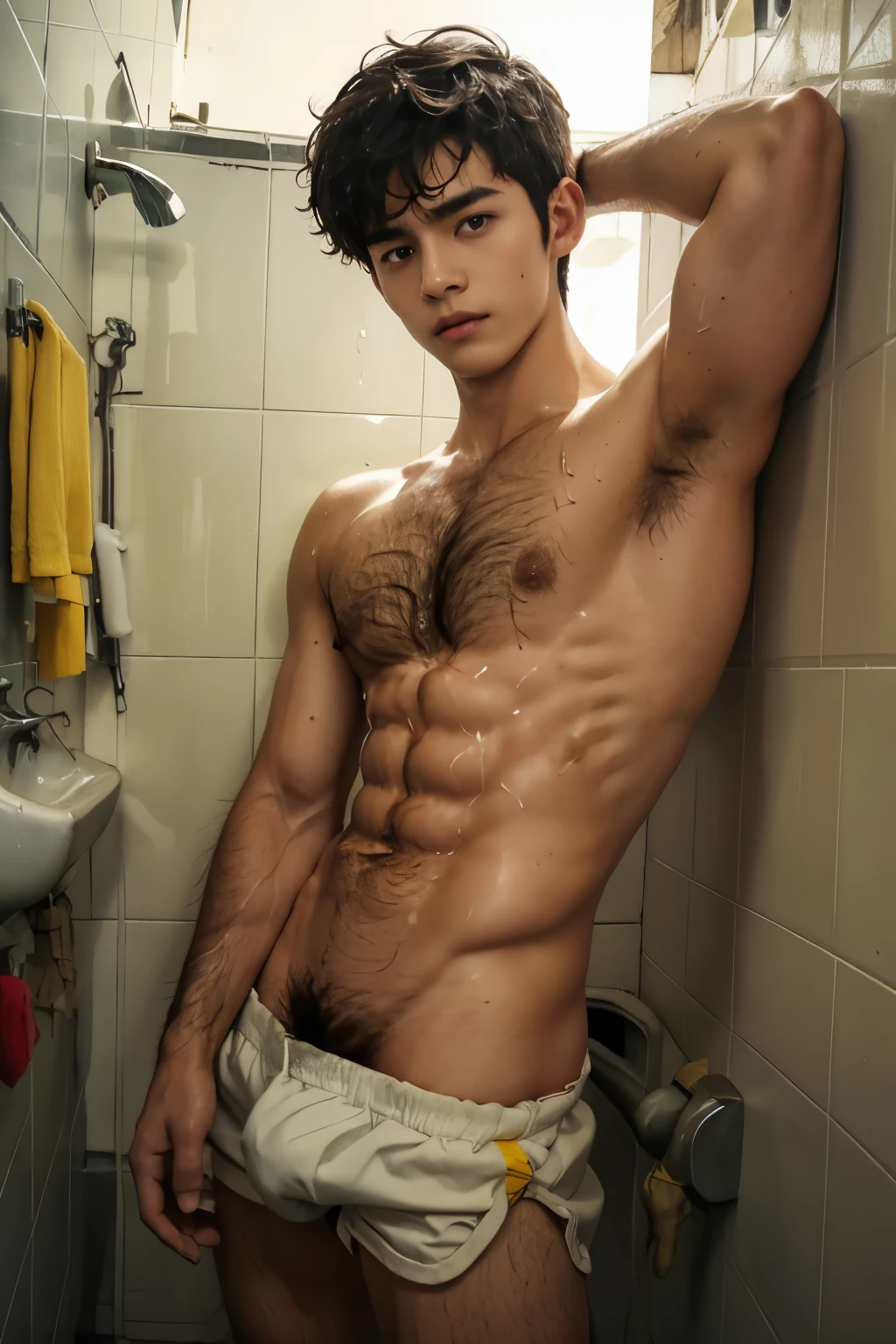 Shirtless, Wearing Soaked white THONG, pulling off his thong showing off his sexy crotch, Shota, ager, very wet body, Hairy stomatch, very hairy abs, Very bushy hairy armpits, hairy pubic, hairy crotch, Super Realistic photography, PROUDLY SHOWING OFF HIS BODY, Cute teen, NO PANTS, DETAILED, sexy, wearing soaked tanktop, ABS EXPOSED, Very wet body, very wet, dirty urinal, public men toilet, men urinal, pantless just wearing soaked white thong, Showing off his very hairy armpits, muscle fit body, teenagerry cute boy face, 17 years oldoung teenager boy, seedy and y alley scenery, in the middle of Crowded public toilet, dickprint, Sweat dripping all over the body, Proudly showing off his sweaty very hairy armpits to audience , The colors are bright and vibrant, enhancing the overall aesthetic. The lighting is soft and natural, casting a soft glow on the boy, don't merge body's, detailed eyes and lips, sixpack and fit body. Image quality is of the highest standard, with ultra-detailed features and a realistic appearance.