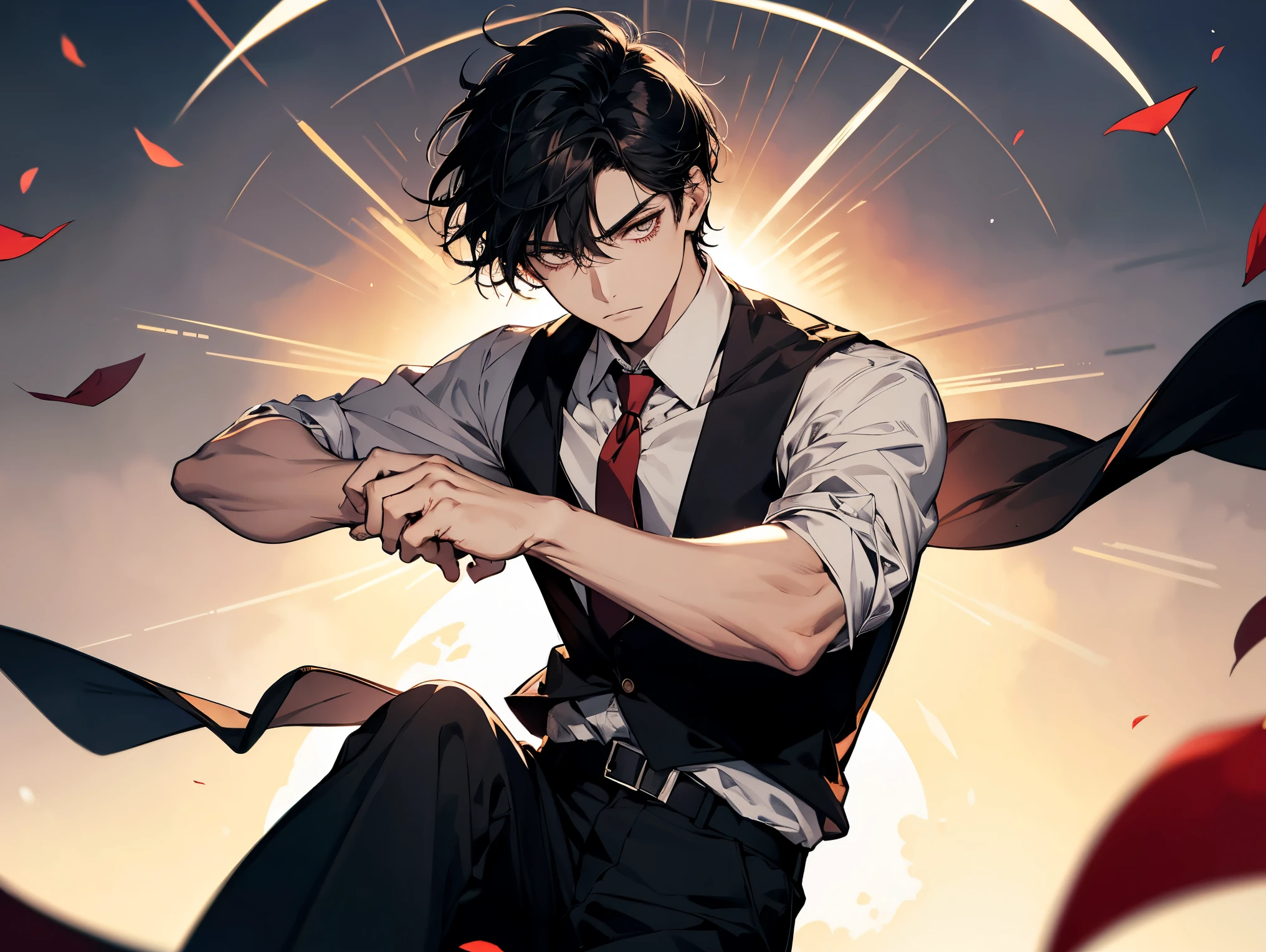 1 man, teacher, wearing white shirt, rolled up sleeves, black long pants, black hair, short hair, face to detail, detailed eyes, white eyes, with no expression, red tie, the background is the sun in china, Flying pages, In a fighting position.