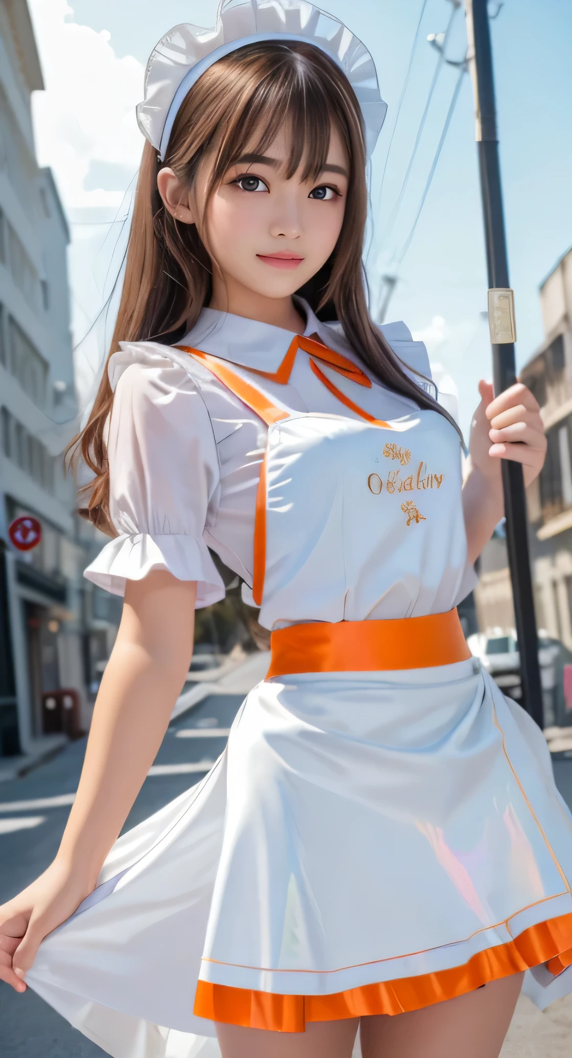 Angelic very beautiful cute young girl,
Beautiful detailed eyes,
Detailed double eyelids,
(Soft Saturation: 1.3),
(Fair skin: 1.3),v-line jaw,
(Large eyes:1.4),
Long straight brown hair,
see-through bangs,15yo student,
Sharp Focus,
beautiful detailed face and eyes,
drooping eyes,
small straight nose,
small mouth,
happy smiling with visible teeth, 85mm lens, F/8.0,BREAK (Super shiny holographic white and metallic orange maid costume :1.3),Walking,Brown hair ,(Costumes with strong reflective surfaces:1.3),
(Best Quality:1.2),(Maid costume:1.5),
Raw photo,
High resolution,
perfect detail,
Professional Photography,
Professional Lighting,
Powerful lighting of the costume,In the street,break (lift the skirt:1.5),(panty:1.5),(skirt lift:1.5),(lift apron:1.4)